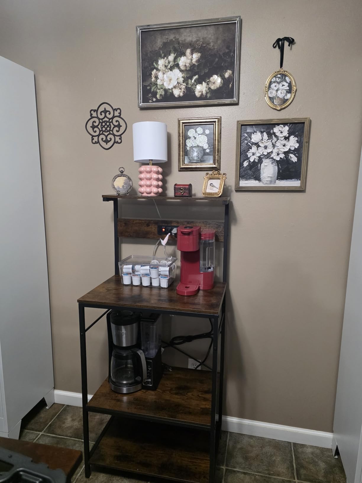 SUPERJARE Kitchen Bakers Rack with Power Outlet, Coffee Bar Table 4 Tiers, Kitchen Microwave Stand with 6 S-shaped Hooks, Storage Shelf Rack for Spices, Pots and Pans - Rustic Brown customer photo 2