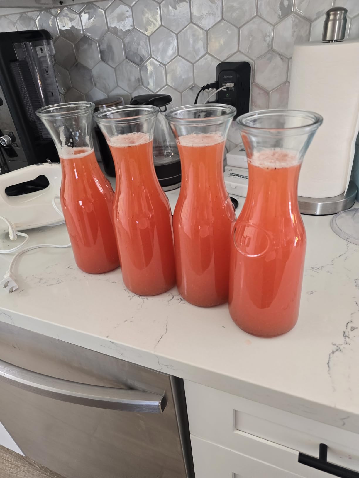 JoyJolt Glass Carafe with Lid, Set of 3 - 1 Liter Glass Pitcher for Mimosa Bar, Water, Iced Tea, Juice, Wine, Lemonade, Milk - Dishwasher Safe Beverage Drink Dispensers for Brunch, Parties customer photo 2
