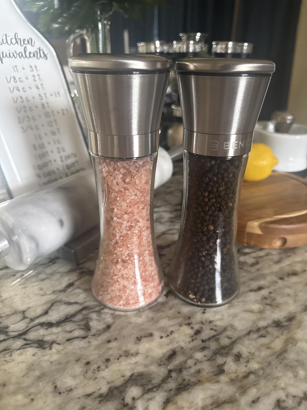 Premium Salt and Pepper Grinder Set of 2 - Two Refillable Stainless Steel Sea Salt & Spice Shakers with Adjustable Coarse Mills - Easy Clean Ceramic Grinders w/BONUS Silicone Funnel & Cleaning Brush customer photo 2