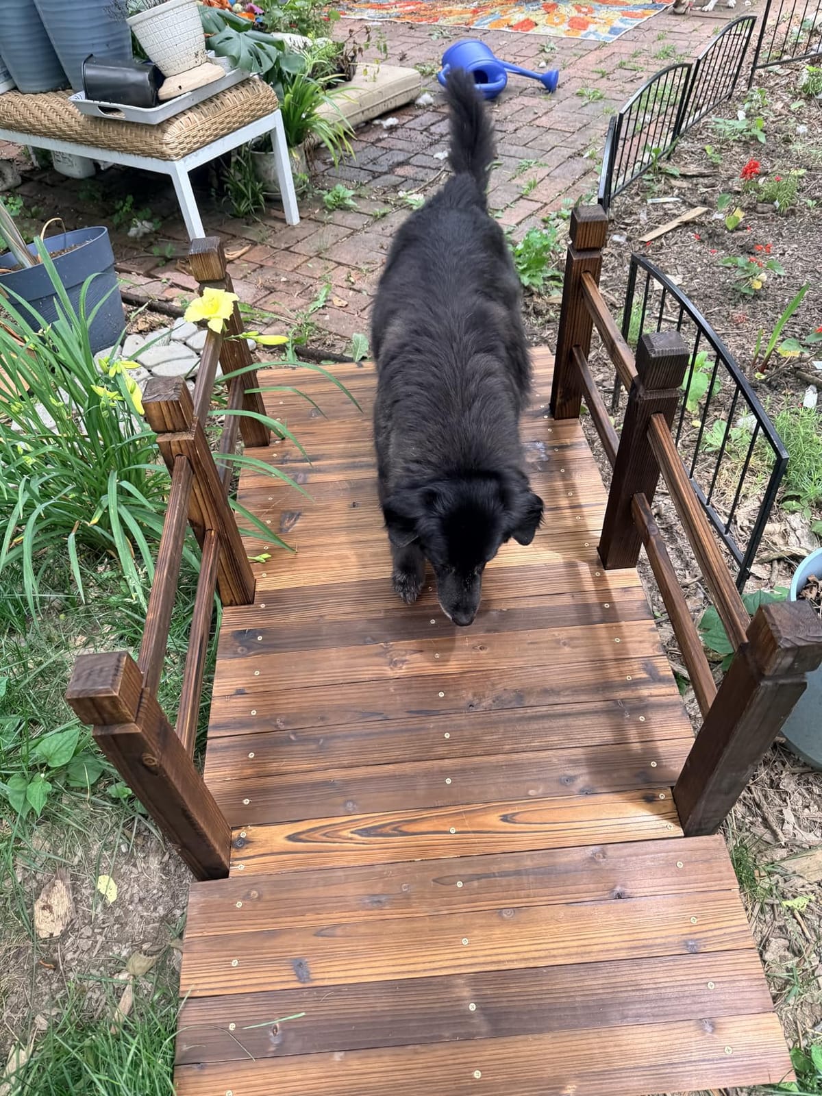 VINGLI 4 ft Garden Bridge, Arch Walkway Wooden Bridge with Safety Rails Carbonized Finished, Decorative Landscaping Footbridge for Koi Pond, Dry Creek Bed, Garden Pathway or Rustic Wedding Decor customer photo 2