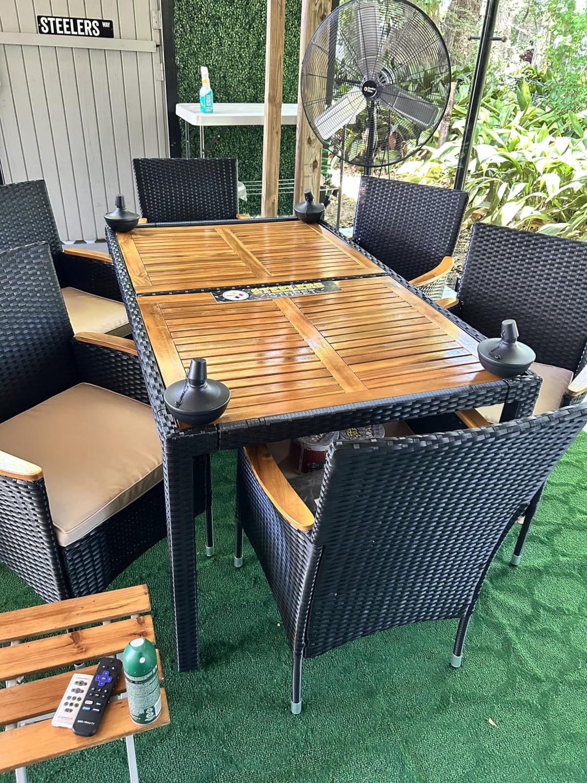 Devoko 7 PCS Acacia Wood Patio Dining Set, Black Rattan | Outdoor Patio Furniture Set, Patio Dining Table Set for 6, Patio Table and Chairs Set For Garden Backyard Pool Side customer photo 1