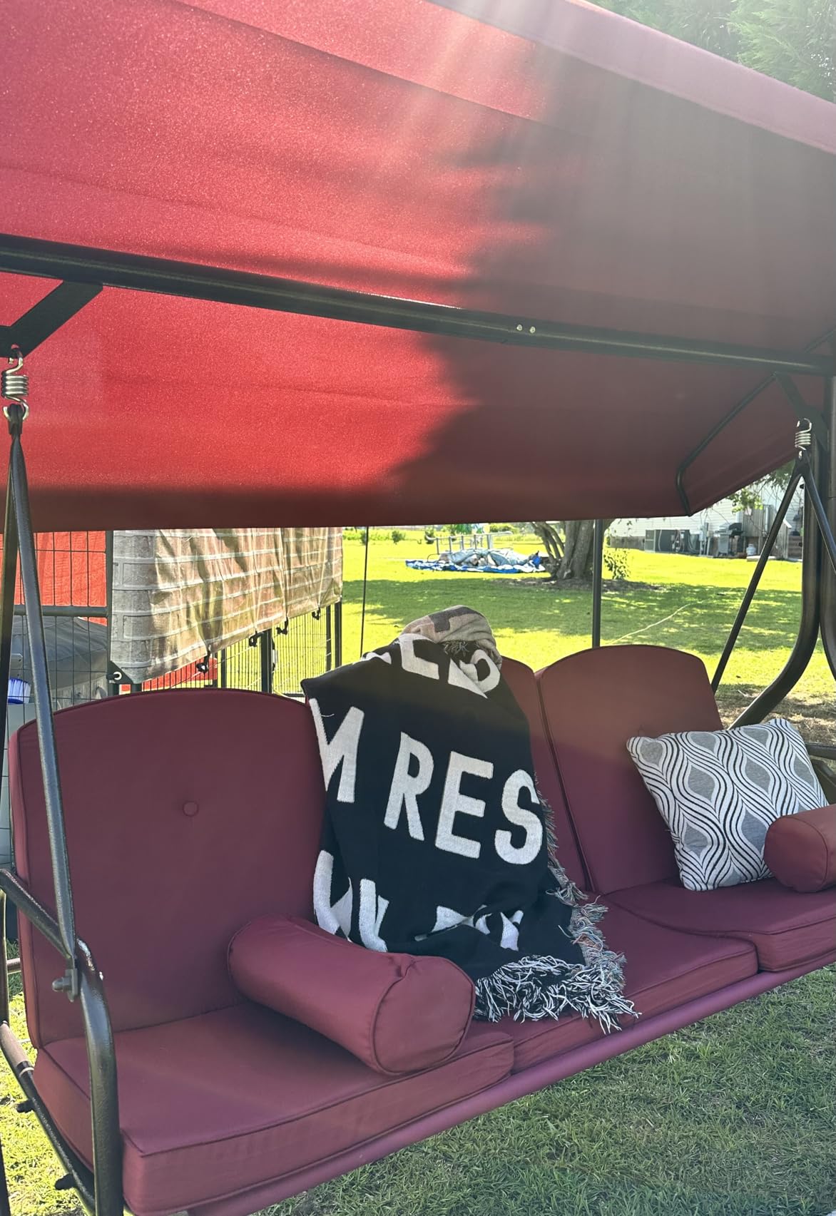 HOMREST 3 Seat Porch Swing with Adjustable Canopy, Patio Swing with Stand, Convertible Outdoor Swing Bed for Backyard & Garden, Thicken Cushion & Pillow Patio Glider Swing with Cup Holder (Wine Red) customer photo 2