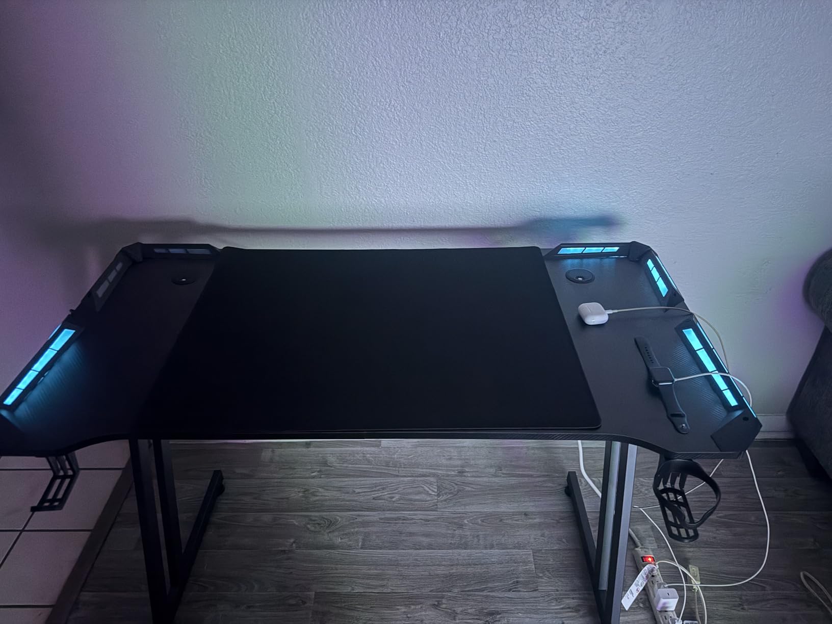 HLDIRECT 47 Inch Gaming Desk with App-Controlled RGB LED Lights, Black | Z-shaped frame design, cup holder, headphone hook, cable management & mouse pad, for dual-monitor gaming and work setup customer photo 2