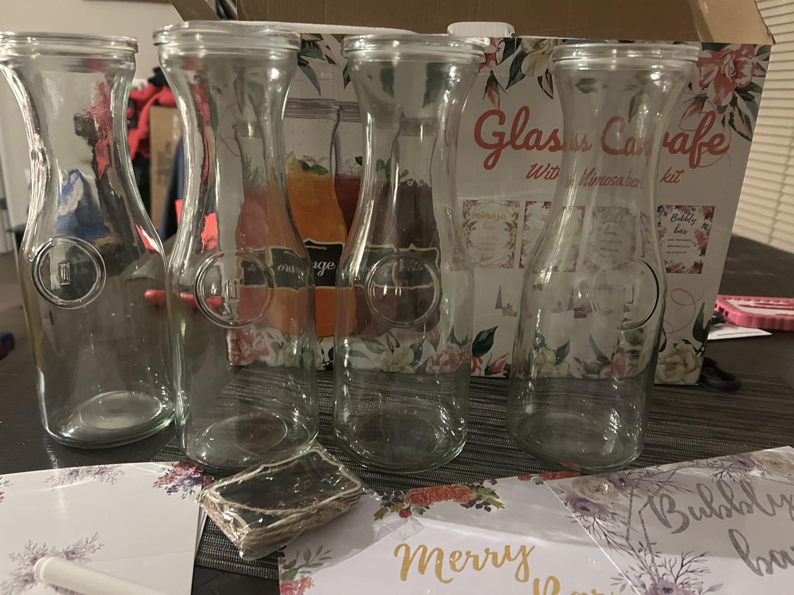 Set Of 4 Glass Carafes & Pitchers For Mimosa Bar Supplies, 1 Liter Beverage Glass Carafe With Lids For Wine, Brunch, Champagne, Lemonade, Milk, Iced Tea, Juice Pitcher & Container, Water Carafe With lid customer photo 2