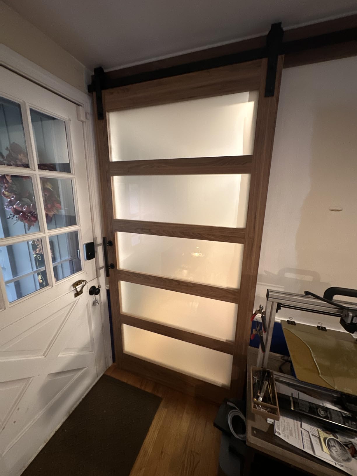 FREDBECK 36 x 84 inch Glass Barn Door with 6.6FT Barn Door Hardware Kit & Handle Included,5-Panel Frosted Glass, Water-Proof Surface,Pre-Drilled Holes,Need Assembly customer photo 1