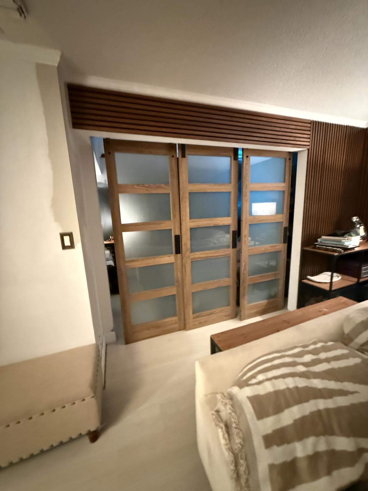 FREDBECK 36 x 84 inch Glass Barn Door with 6.6FT Barn Door Hardware Kit & Handle Included,5-Panel Frosted Glass, Water-Proof Surface,Pre-Drilled Holes,Need Assembly customer photo 2