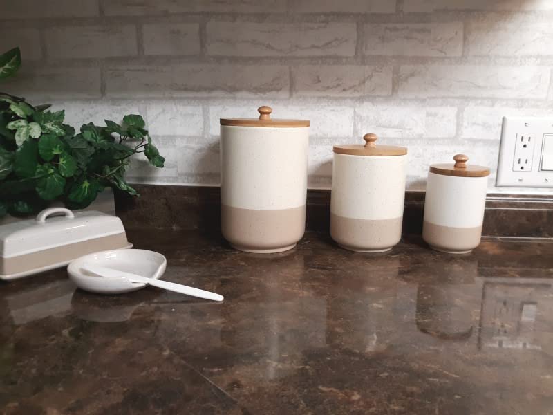 vancasso Sabine Kitchen Canister Set of 3, Ceramic Food Storage Containers with Airtight Wood Lids, Countertop & Pantry Organization for Flour, Sugar, Coffee, Tea & Snacks customer photo 1