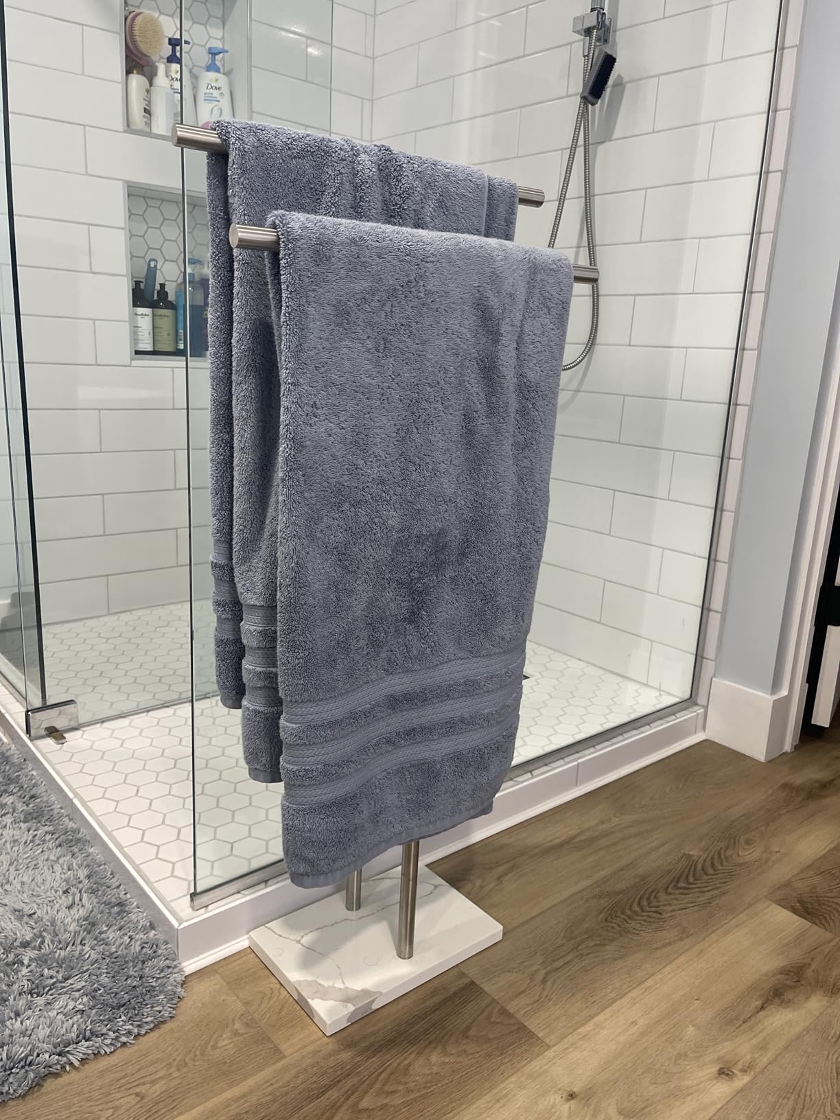 40 Inch Standing Towel Rack Double-T Shape Tall Bath Towel Sheet Holder with Marble Design Base, Stainless Steel Brushed Nickel customer photo 1