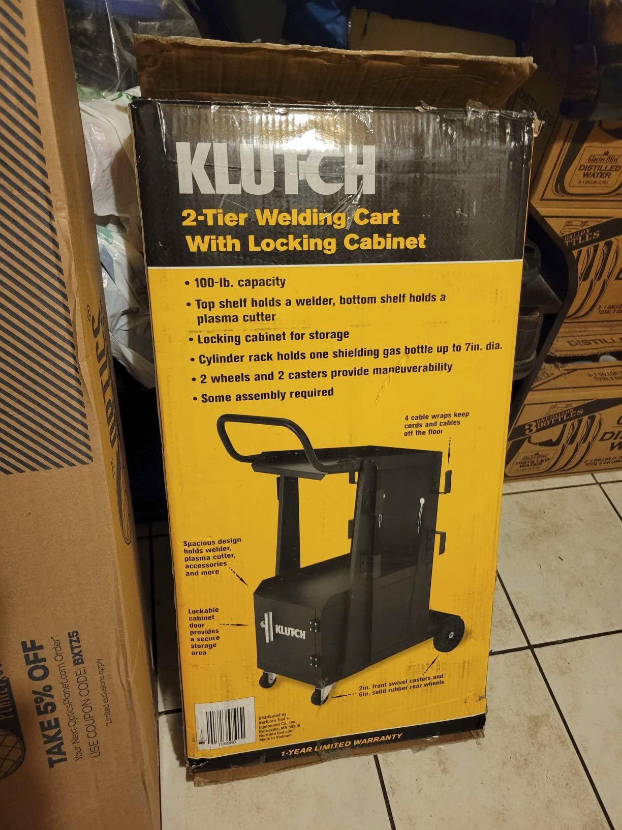 Klutch 2-Tier Welding Cart with Cabinet, 100-Lb., 31.5in.L x 16.1in.W | Gas-cylinder rack, cable wraps, swivel casters, stick/plasma-cutter compatibility, fabrication/repair versatility customer photo 1