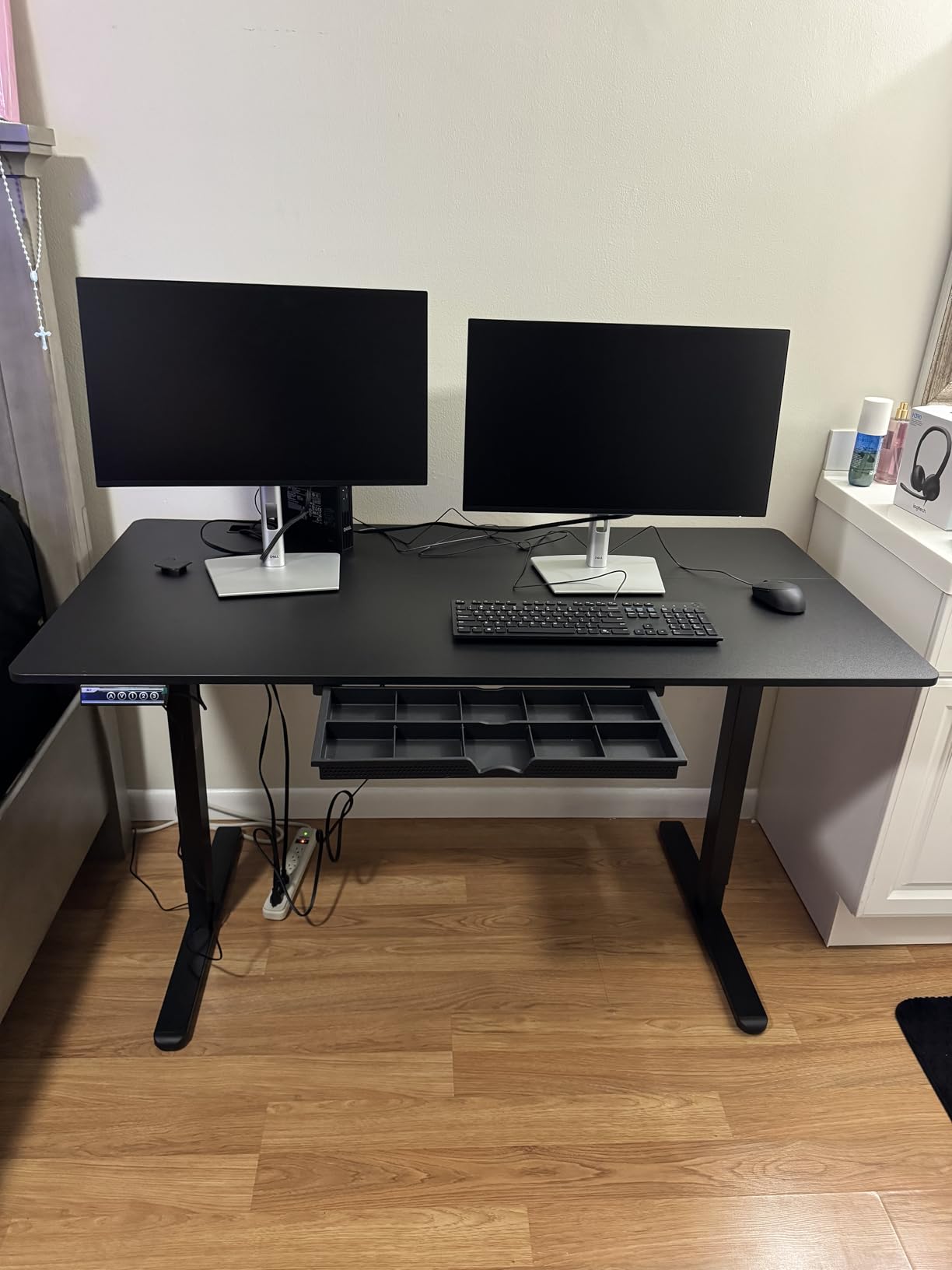 SHW 55 x 28 Electric Height Adjustable Standing Desk w/Drawer, White | w/ Memory Presets and Cable Management | Drawer with adjustable compartments | Hanging Hooks customer photo 1