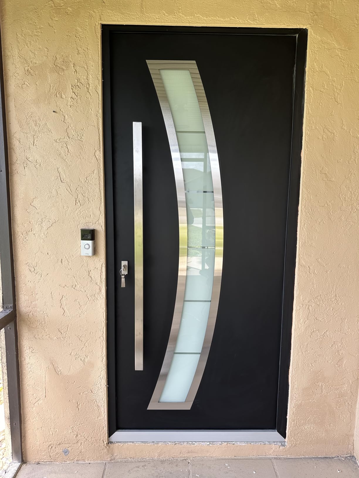 Front Exterior Prehung Steel Door/Deux 6500 Black/Stainless Inserts Single Modern Painted-W36 x H80-Right-hand Inswing customer photo 2