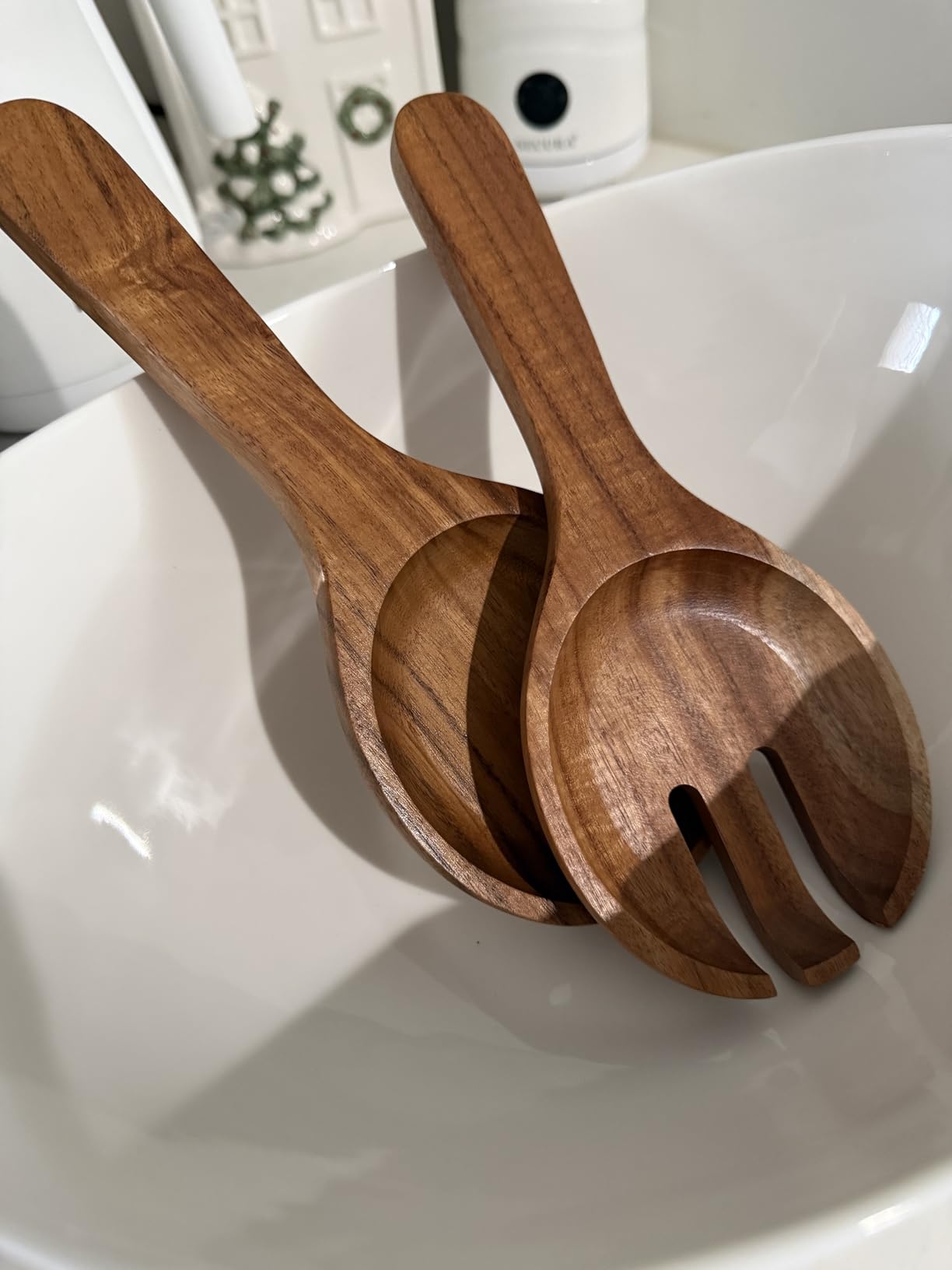 KITEISCAT Extra Large Elegant Ceramic Oval Salad Bowl Set with Premium Acacia Wood Salad Serving Utensils - Large Capacity, Stylish and Practical, Kitchen Must-Have customer photo 2