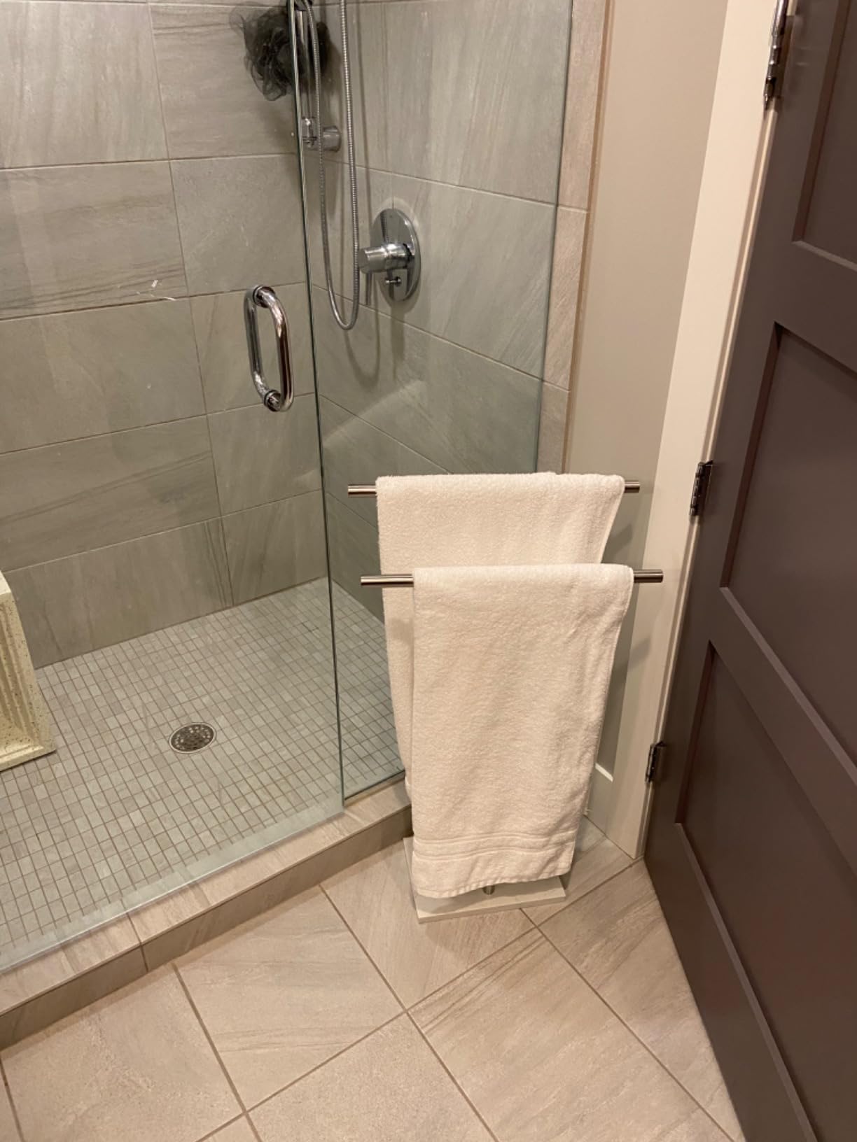 Free Standing Towel Rack for Bathroom - Matte Black Finish - Stand Alone 2 Tier Stainless Steel Towel Rack with Heavy Marble Base - Double T Shape Drying Stand for Towels customer photo 2