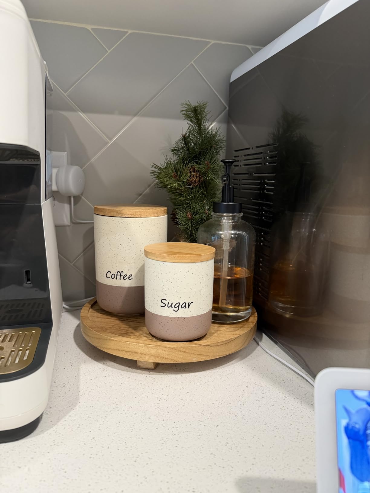 Yangbaga Canisters Sets for Kitchen Countertop - Set of 4 Ceramic Kitchen Canisters Food Storage Jar with Airtight Wood Lids & Spoons & Label, Large Flour and Sugar Containers for Serving Ground Coffee customer photo 2