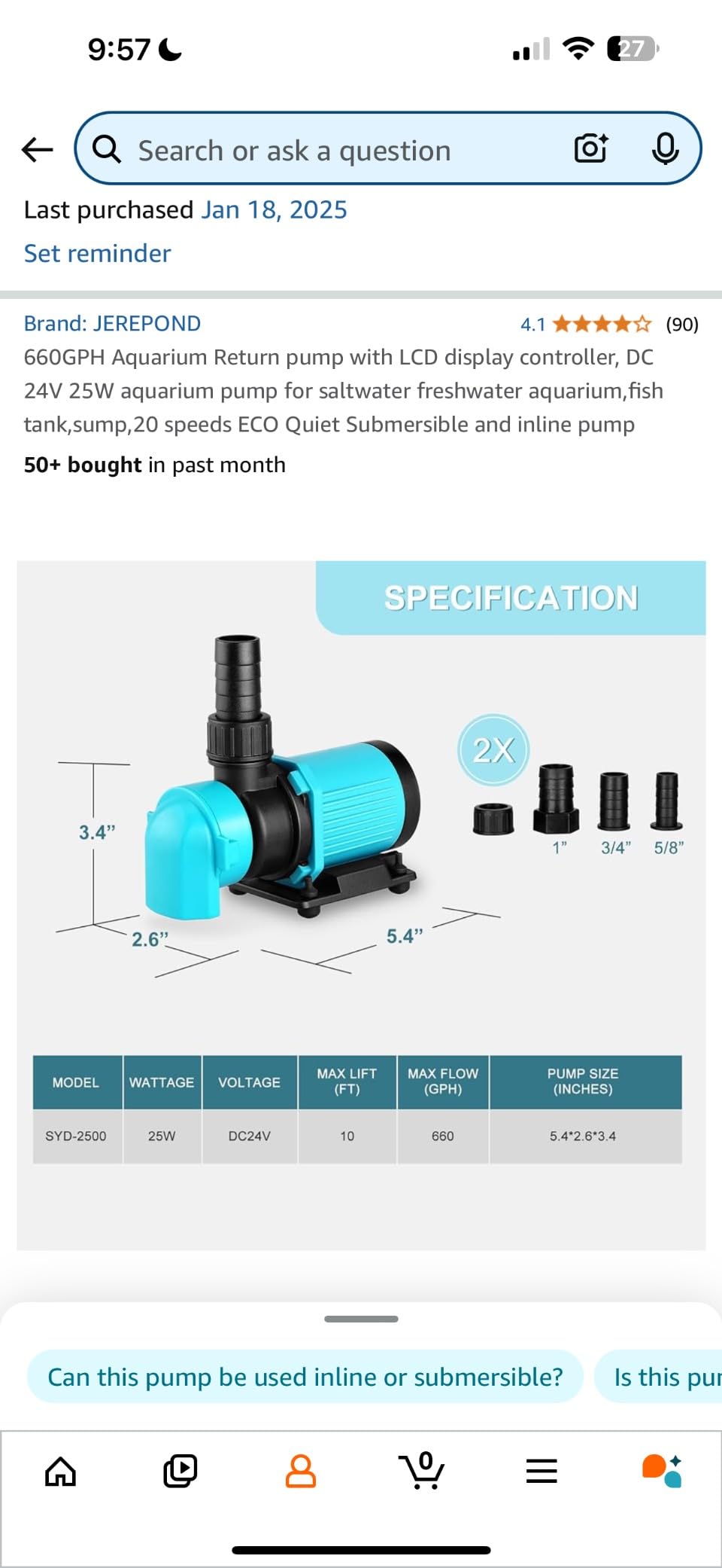 660GPH Aquarium Return pump with LCD display controller, DC 24V 25W aquarium pump for saltwater freshwater aquarium, fish tank, sump, 20 speeds ECO Quiet Submersible and inline pump customer photo 1