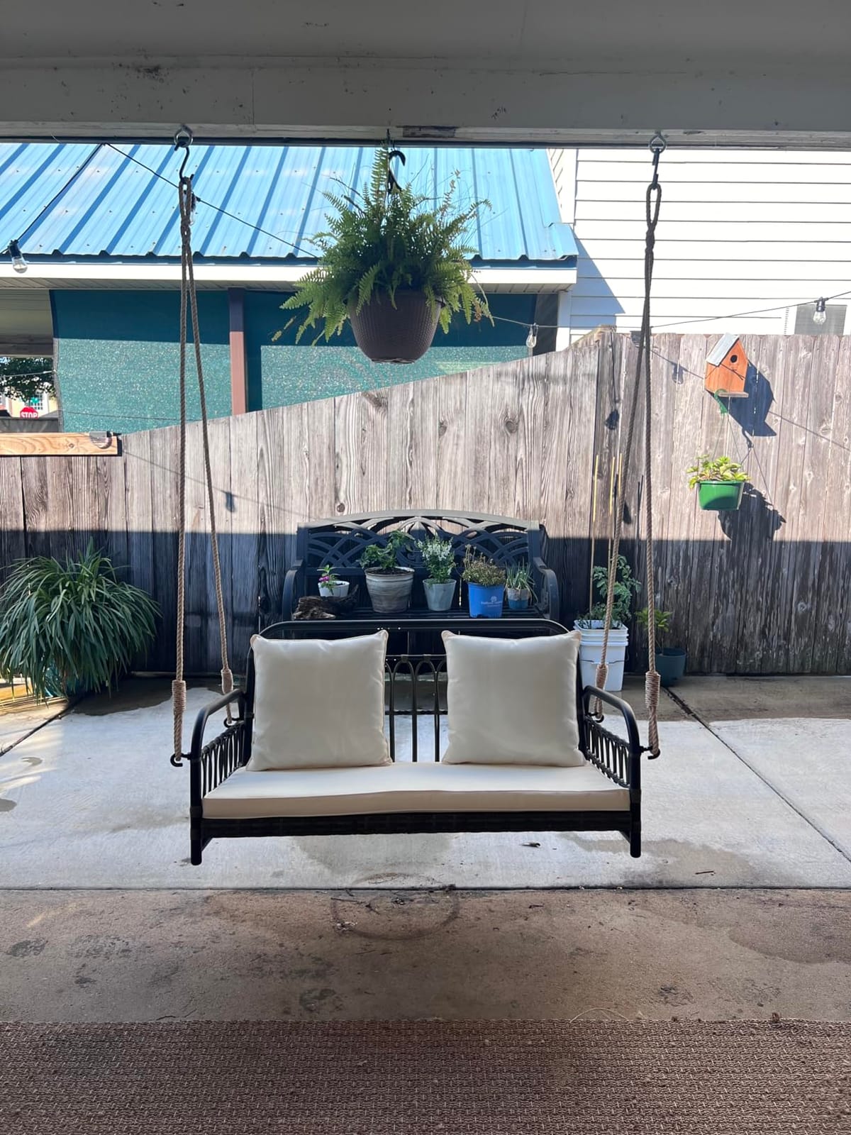 Tangkula Outdoor Wicker Porch Swing, 2-Person Hanging Seat with Seat & Back Cushions, Heavy-Duty Metal Frame & 2 Sturdy Hanging Ropes, Wicker Woven Swing Loveseat for Front Porch customer photo 1
