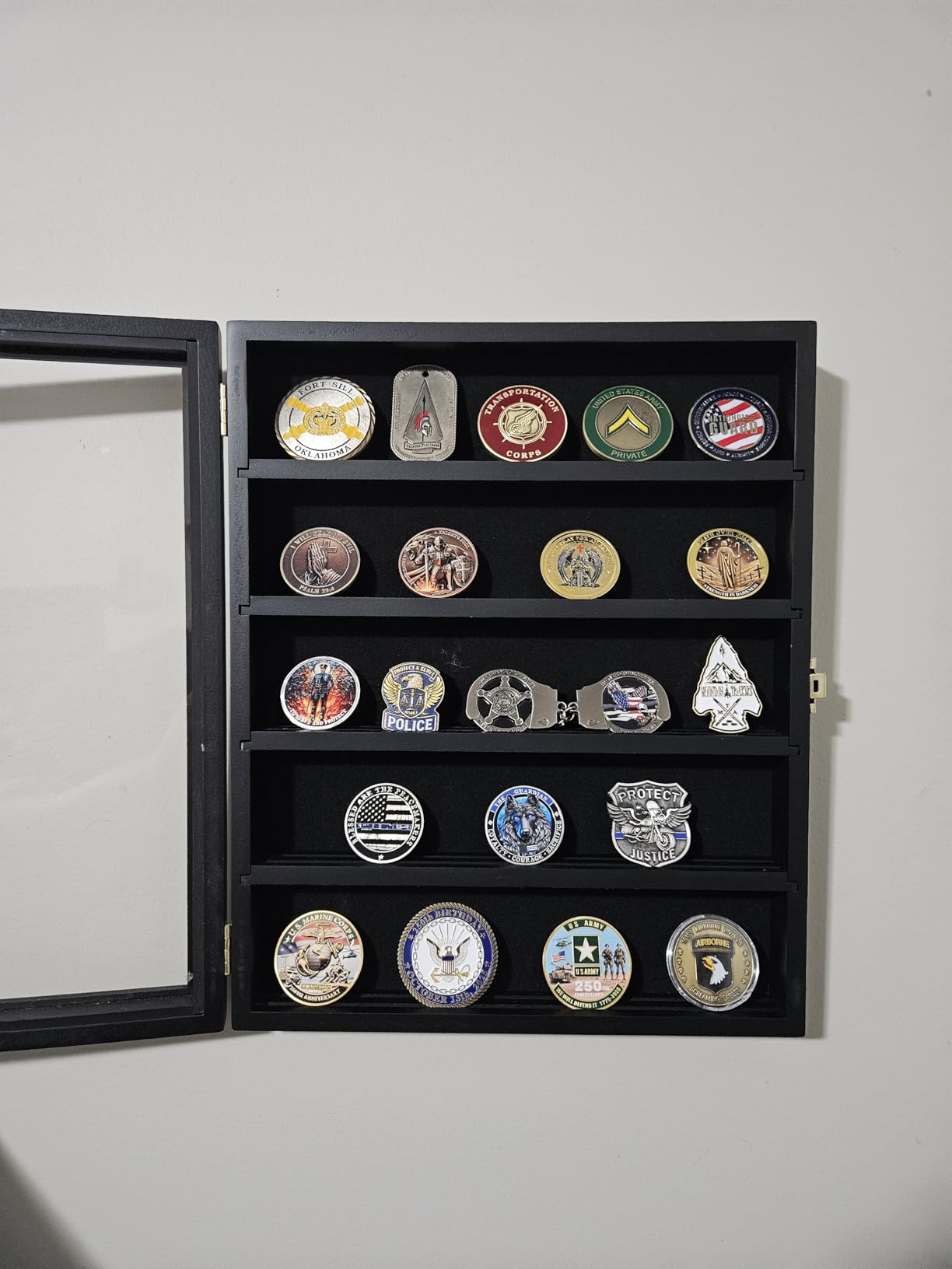 TJ.MOREE Challenge Coin Display Case for Collection Wall Mount Black Wood | 11x13.4 inches, Adjustable Shelves customer photo 1
