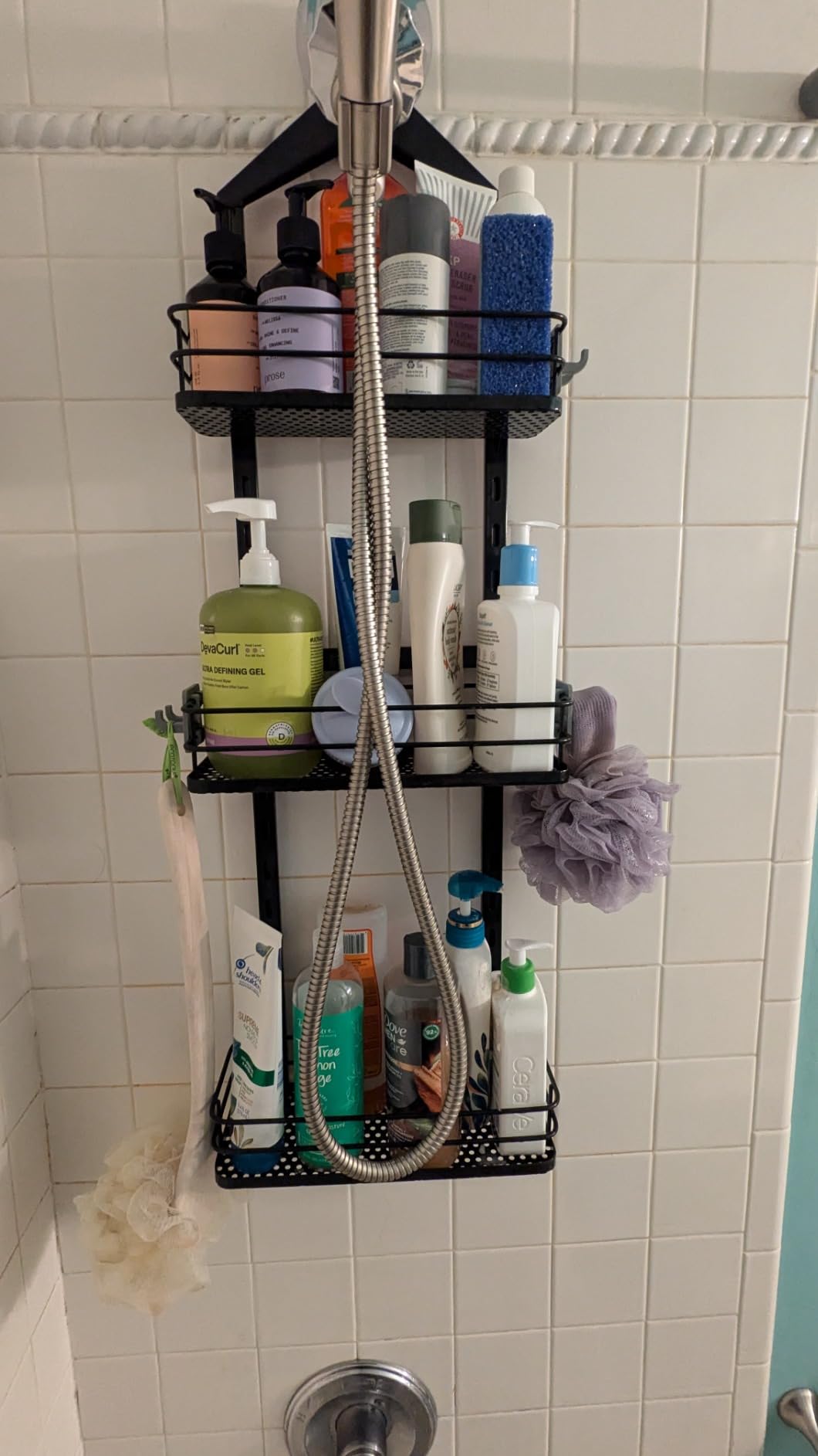 ODesign 4 Tier Adjustable Shower Organizer Hanging Over Showerhead Black | Shower organizer hanging, no drilling required, comes with removable hook and storage box, suitable for indoor showers customer photo 1