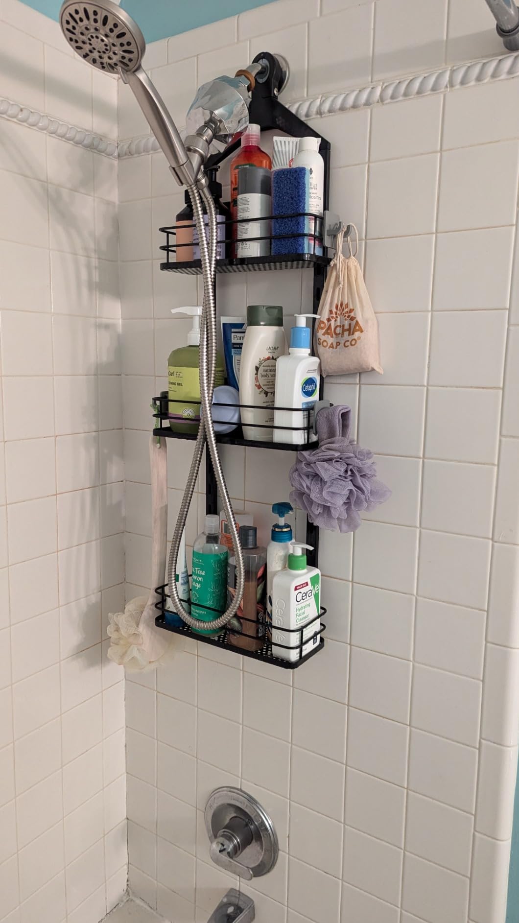 ODesign 4 Tier Adjustable Shower Organizer Hanging Over Showerhead Black | Shower organizer hanging, no drilling required, comes with removable hook and storage box, suitable for indoor showers customer photo 2