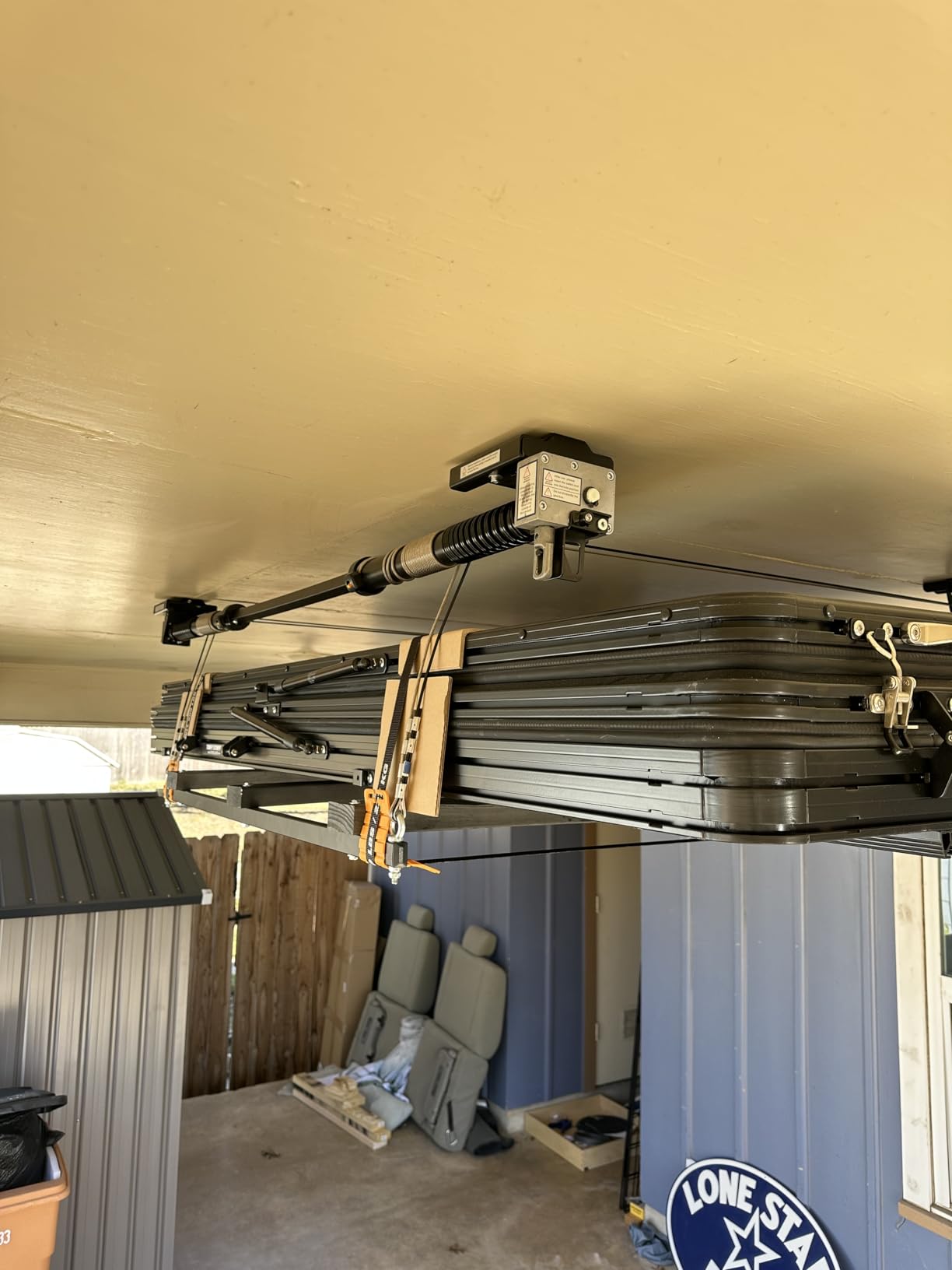 FLEXIMOUNTS GL1 Overhead Garage Lifting Storage Rack, 4x4 Ft Heavy-Duty Metal Garage Ceiling Rack, Adjustable Organization System With 71''L Axle, 350lbs Weight, Black customer photo 2