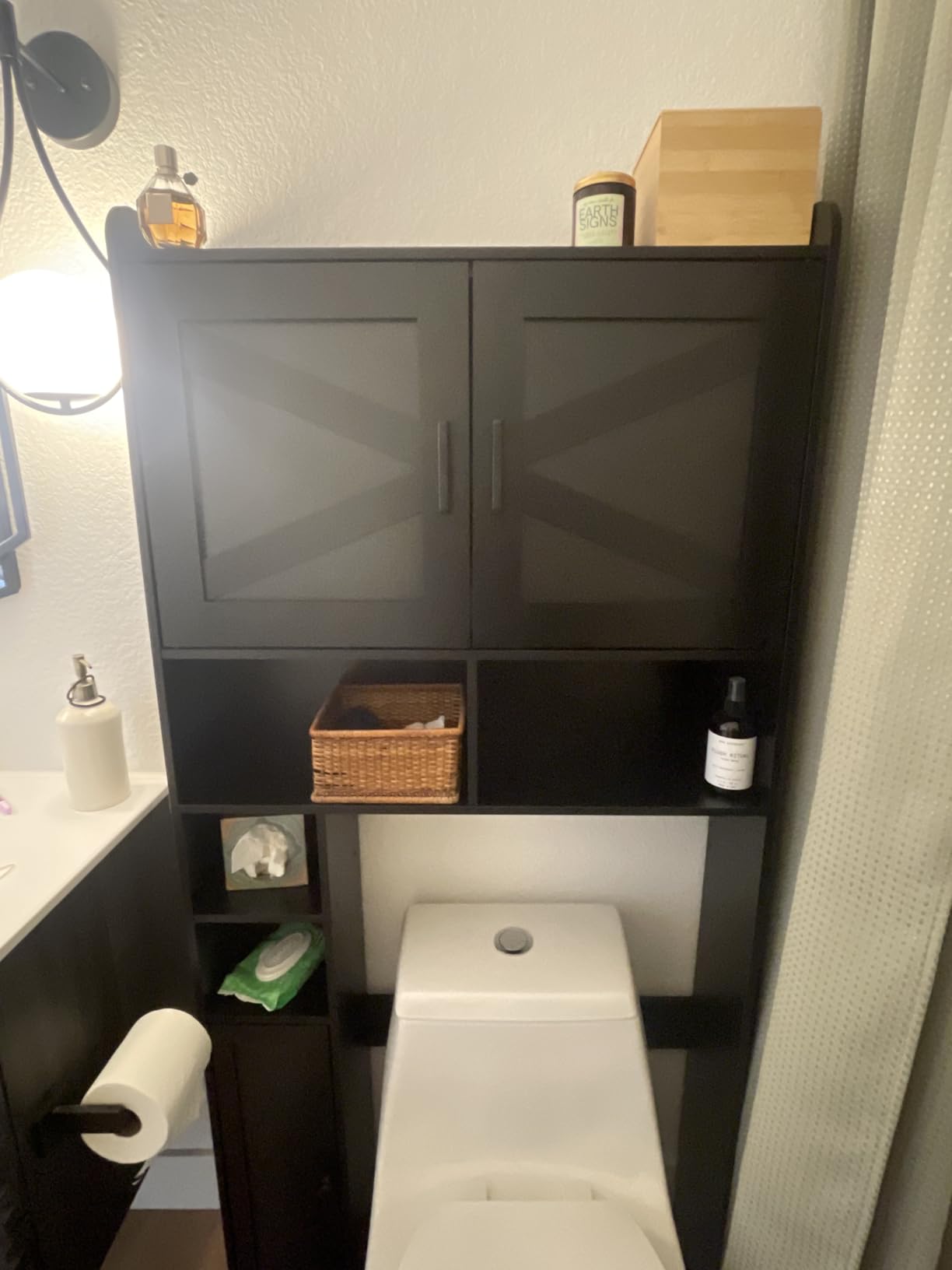 Homhedy Wooden Over The Toilet Storage Cabinet with Barn Door | Freestanding Bathroom Storage, Toilet Paper Holder, Adjustable Shelf, Space-Saving, Farmhouse Style, White customer photo 1