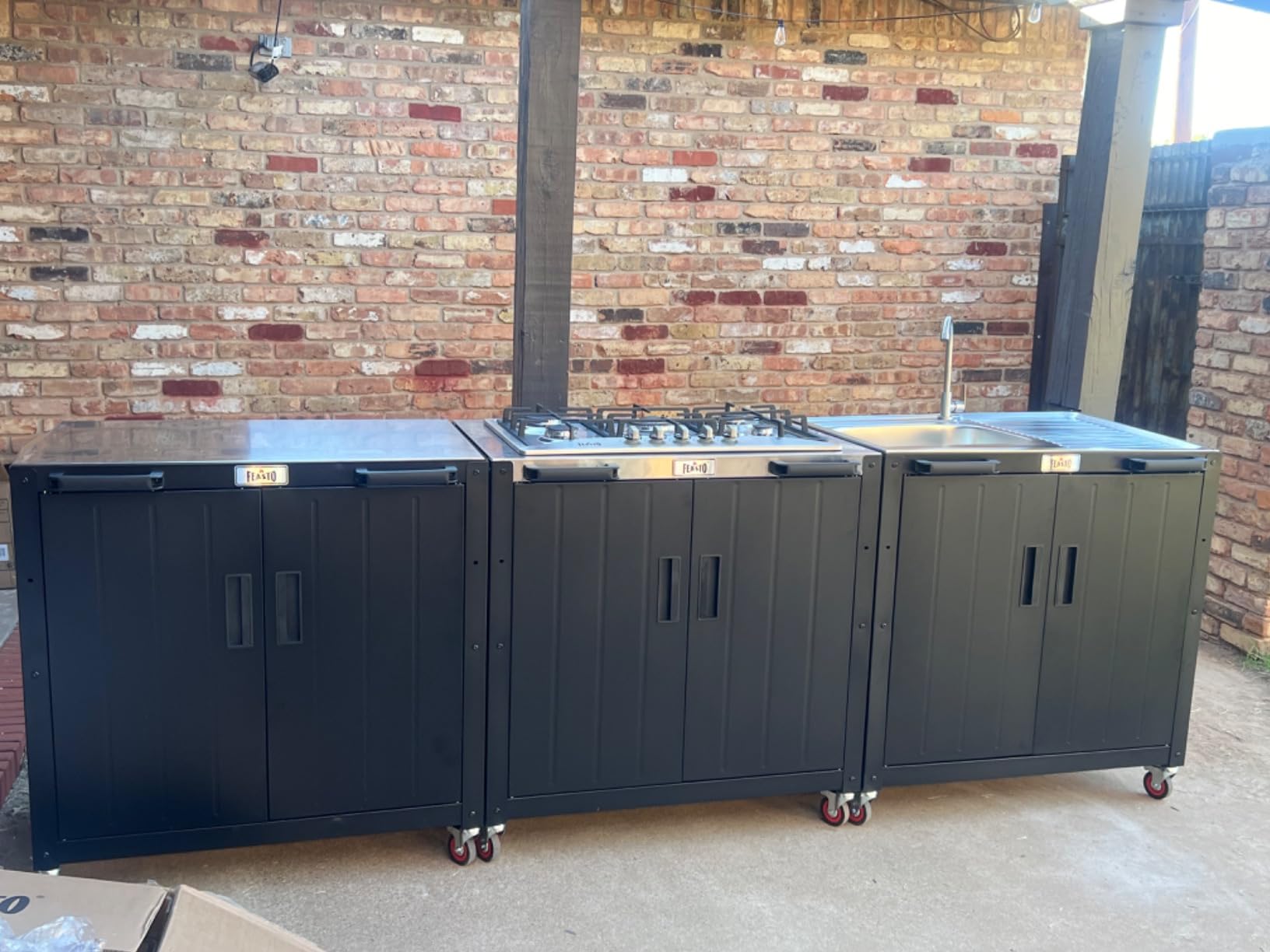 Feasto Outdoor Kitchen Island with Stainless Steel Sink and Storage Cabinet, 35-Inch BBQ Prep Station with Faucet & Lockable Wheels for Patio, Backyard, and Outdoor Cooking, Black & Silver customer photo 2
