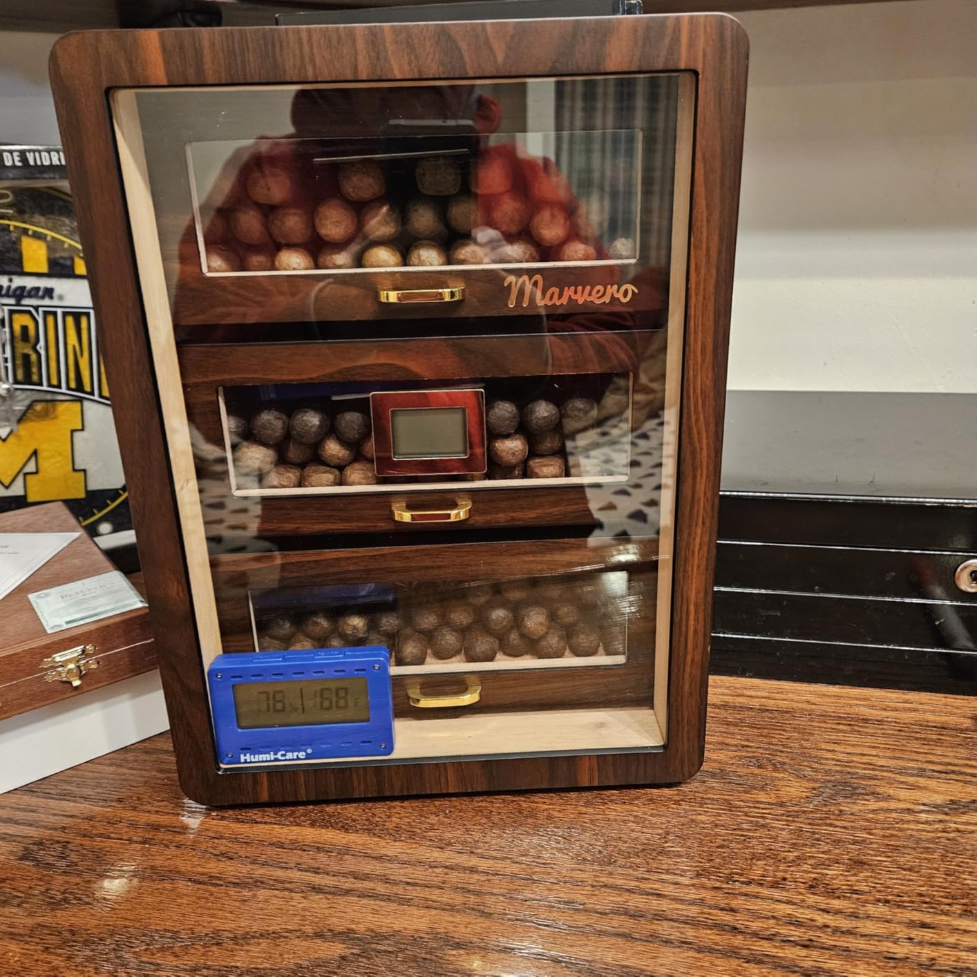 300-Count Walnut Cigar Humidor Cabinet with Digital Hygrometer | Walnut finish, cedar drawers, digital hygrometer, humidifiers and humidity packs, large storage for up to 300 cigars customer photo 1