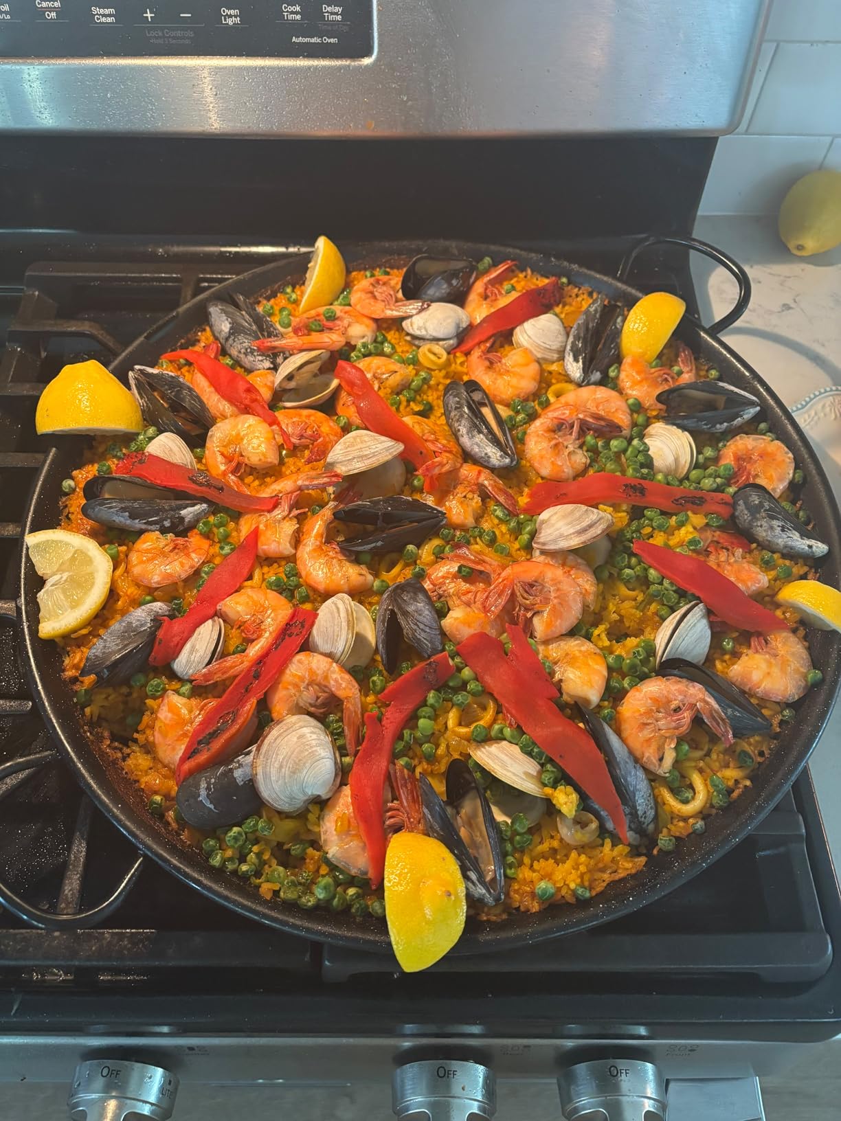 Paelluxe Paella Pan Enameled No-Rust Steel Skillet - 13 Inch, 6 Servings | 1.2mm Carbon Steel, Easy-Clean Enamel, Propane Safe, Oven Safe, Fits Stove Burners, Silicone Handle Holders customer photo 1