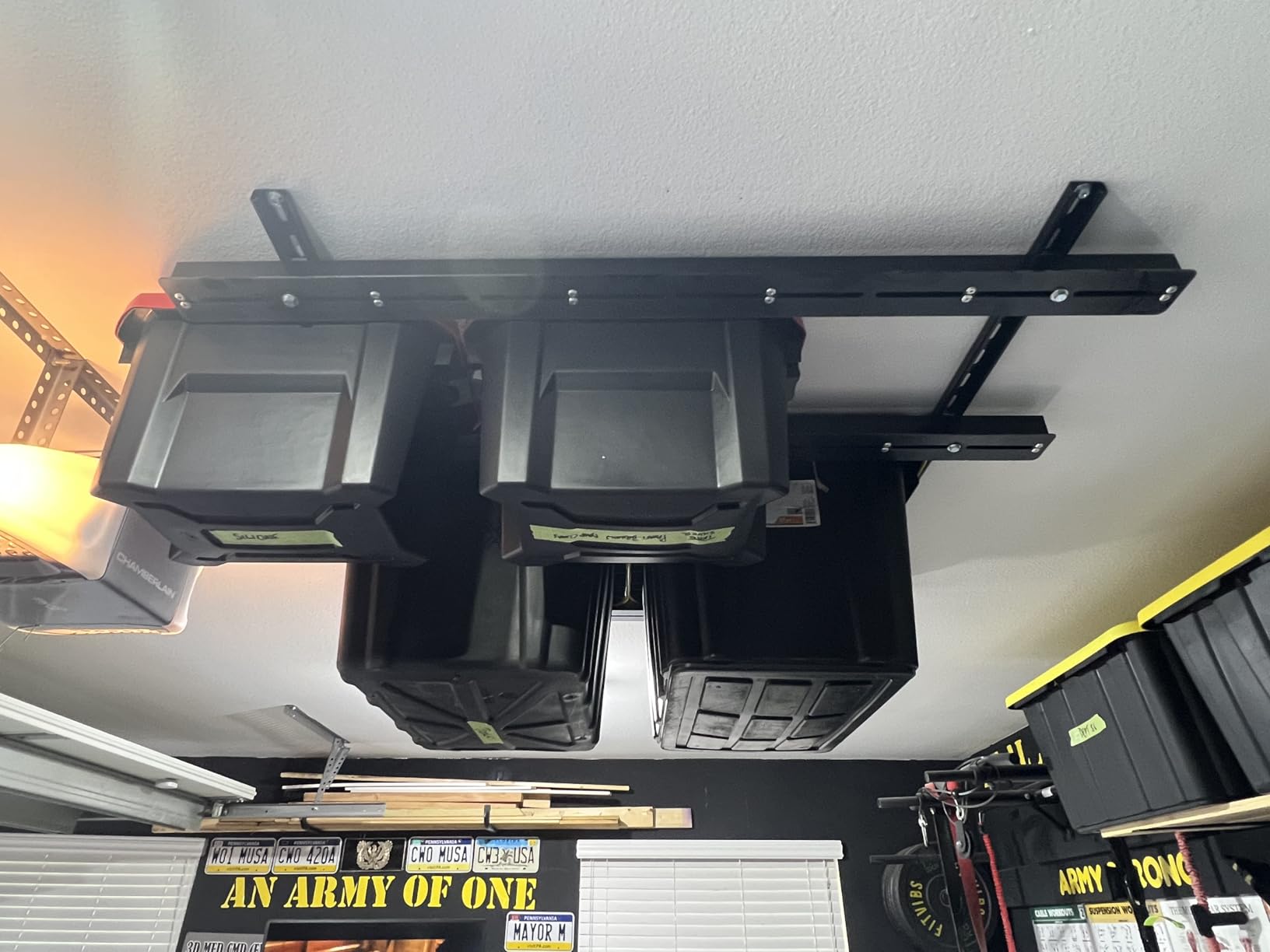 TORACK Garage Ceiling Bin Storage Rack, Overhead Tote Storage Rail System Heavy Duty Adjustable Tote Slide Rails Garage Bins Storage System (White, Bins are not included) customer photo 1