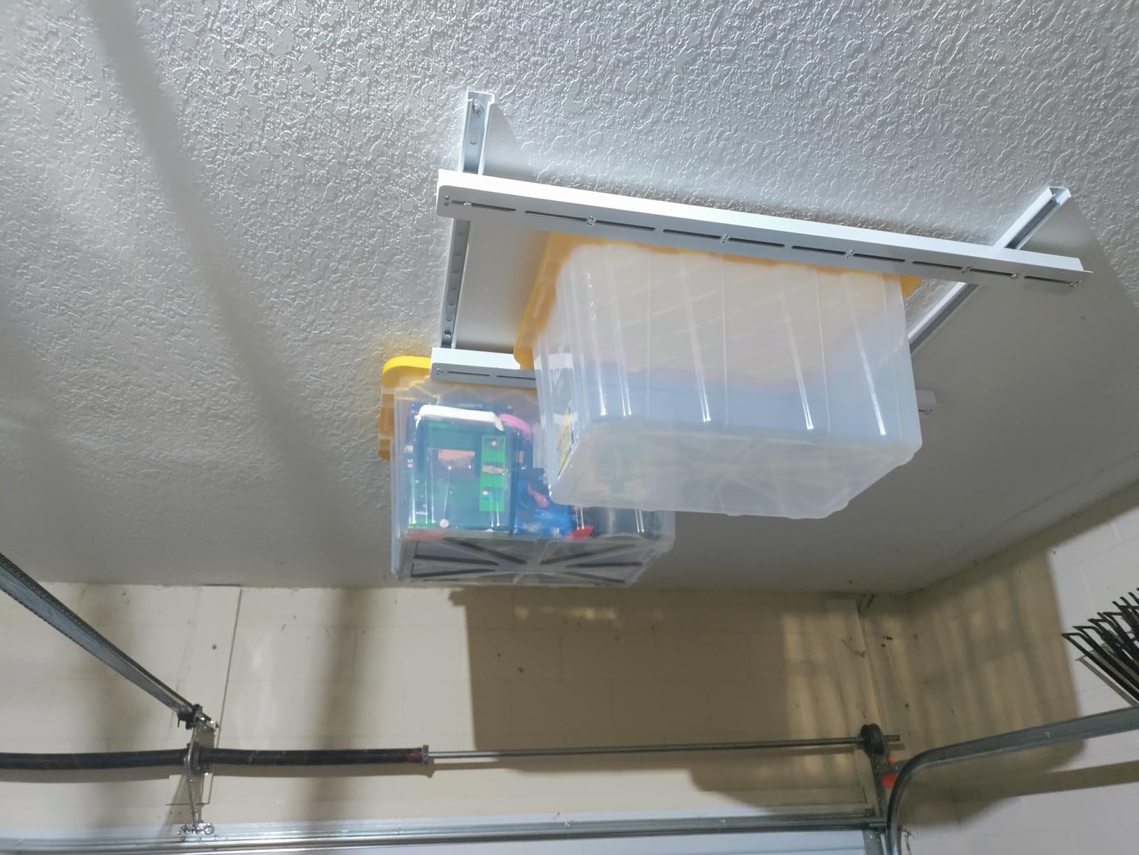 TORACK Garage Ceiling Bin Storage Rack, Overhead Tote Storage Rail System Heavy Duty Adjustable Tote Slide Rails Garage Bins Storage System (White, Bins are not included) customer photo 2