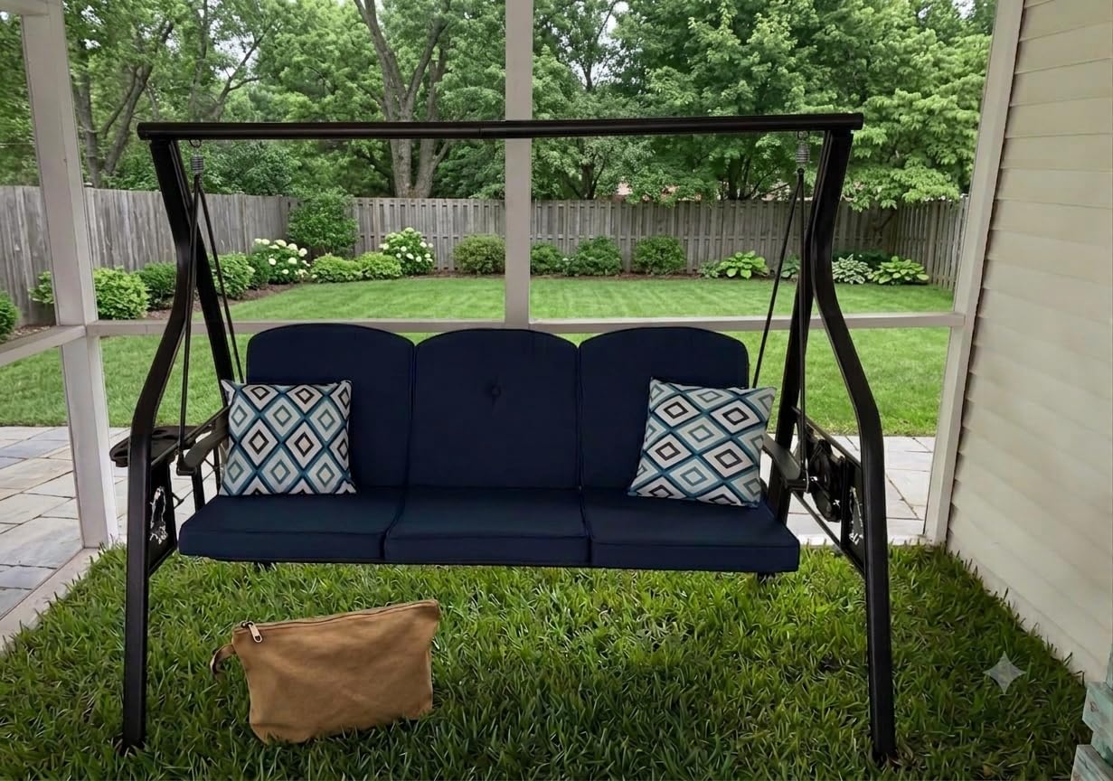 ZZW 3-Seat Outdoor Porch Swing with Stand, Patio Swing with Canopy, 2 in 1 Porch Swing Bed & Patio Swing Chair for Adult, Yard Swing w/Extra Pillows and Cup Holder (Blue) customer photo 1