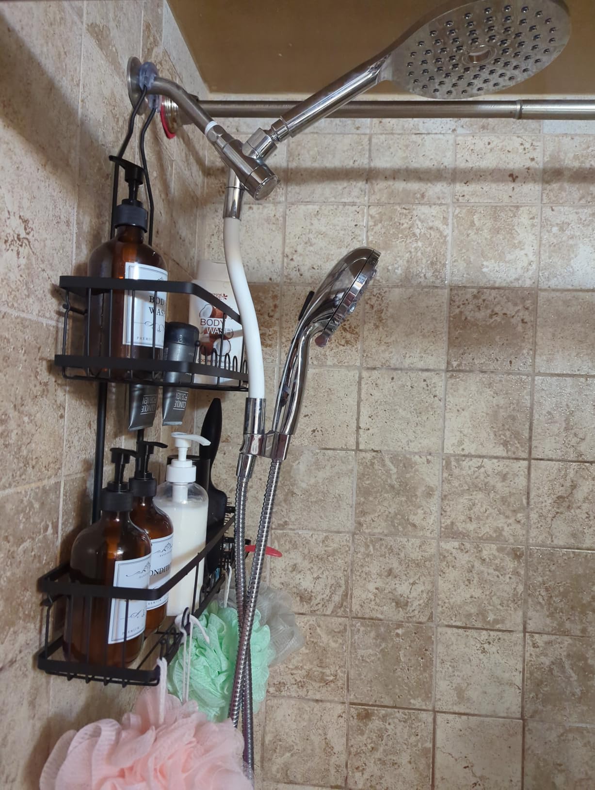 Skyapex Shower Caddy Hanging Over Shower Head, Adjustable, Black | Adjustable height fits tall bottles up to 18 inches; anti-sway design holds 40 lb; quick-drain steel; includes 2 soap trays. customer photo 1