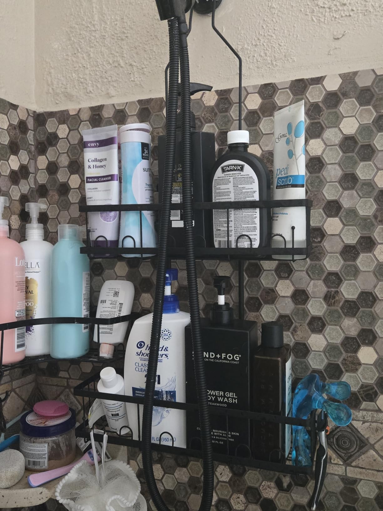 Skyapex Shower Caddy Hanging Over Shower Head, Adjustable, Black | Adjustable height fits tall bottles up to 18 inches; anti-sway design holds 40 lb; quick-drain steel; includes 2 soap trays. customer photo 2