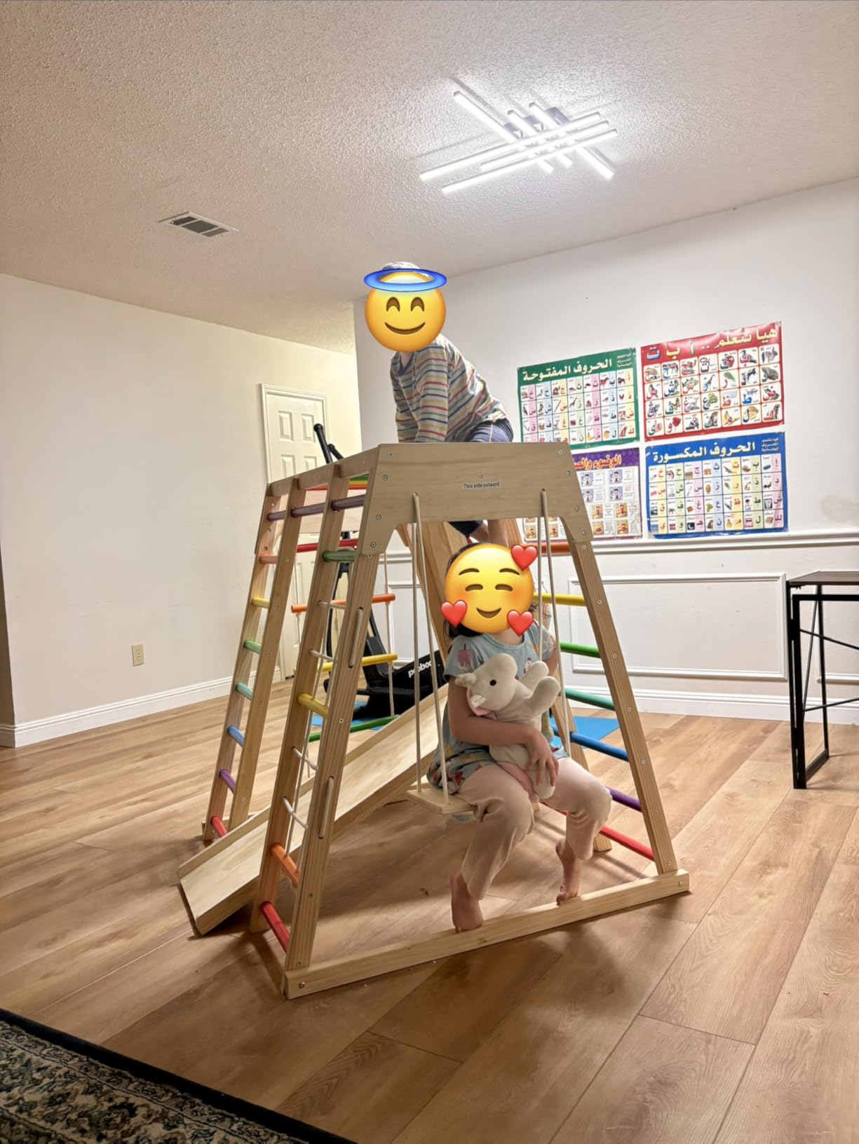 7 in 1 Pikler Indoor Playground Jungle Gym Playset, Wooden Montessori Climber with Slide, Rock Climb Wall, Monkey Bars, Rope Ladder, Climbing Rope and Swing for Kids(Rainbow) customer photo 2