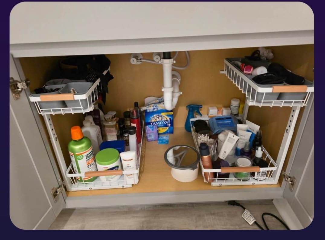 PXRACK Under Sink Organizer, Adjustable Height, 2 Tier Pull Out Under Cabinet Organizer, Slide Out Thickened Metal Under Sink Storage for Kitchen Bathroom Laundry Pantry Cabinet, White, Large-2-Pack customer photo 1