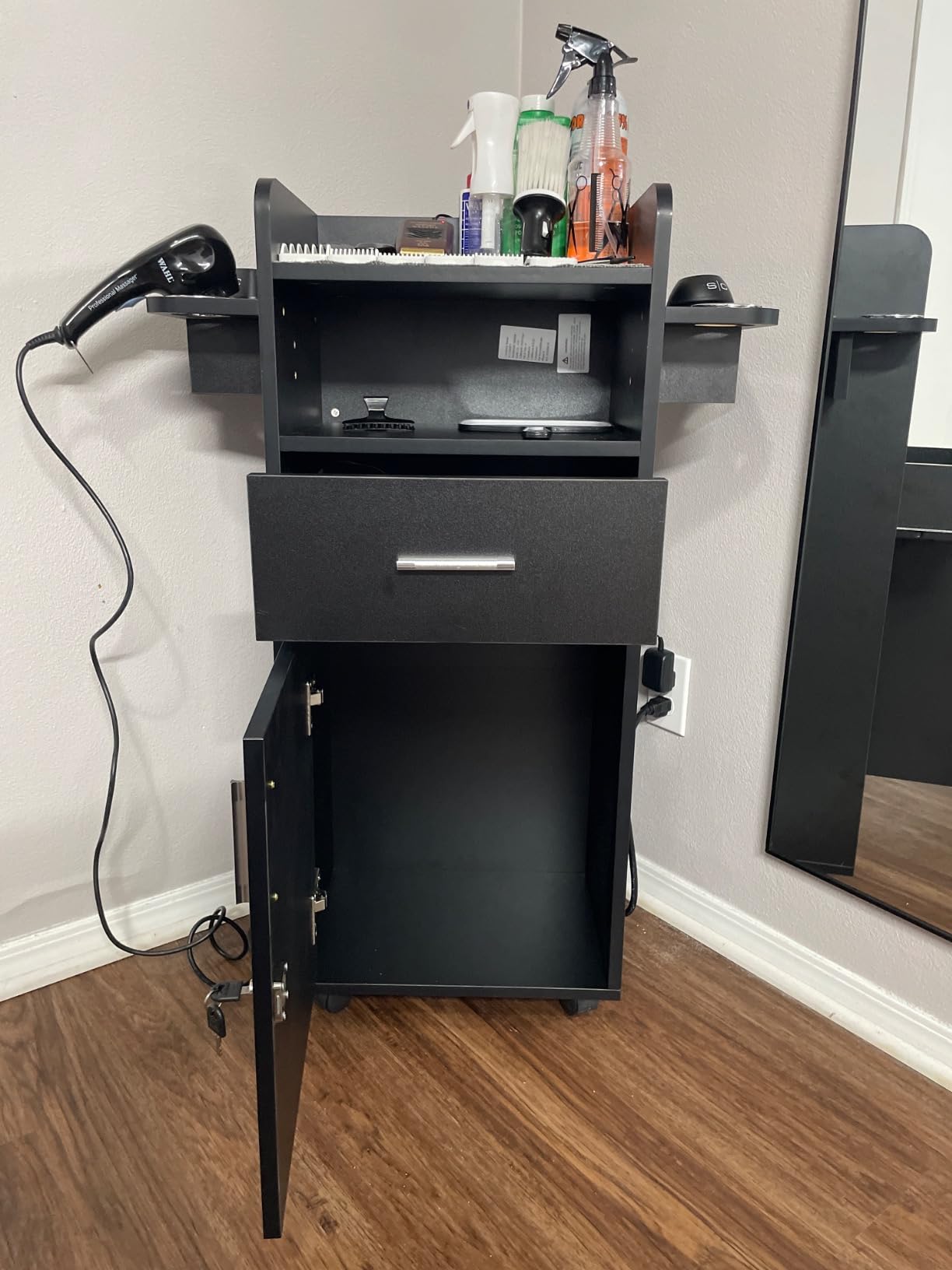 Beauty Salon Trolley Cart with 6 Tool Holders, 1 Drawer | Lockable Salon Cabinet with 360 Wheels, Mobile Salon Station Rolling Cart for Hair Stylist Beauty Spa Barbershop customer photo 1