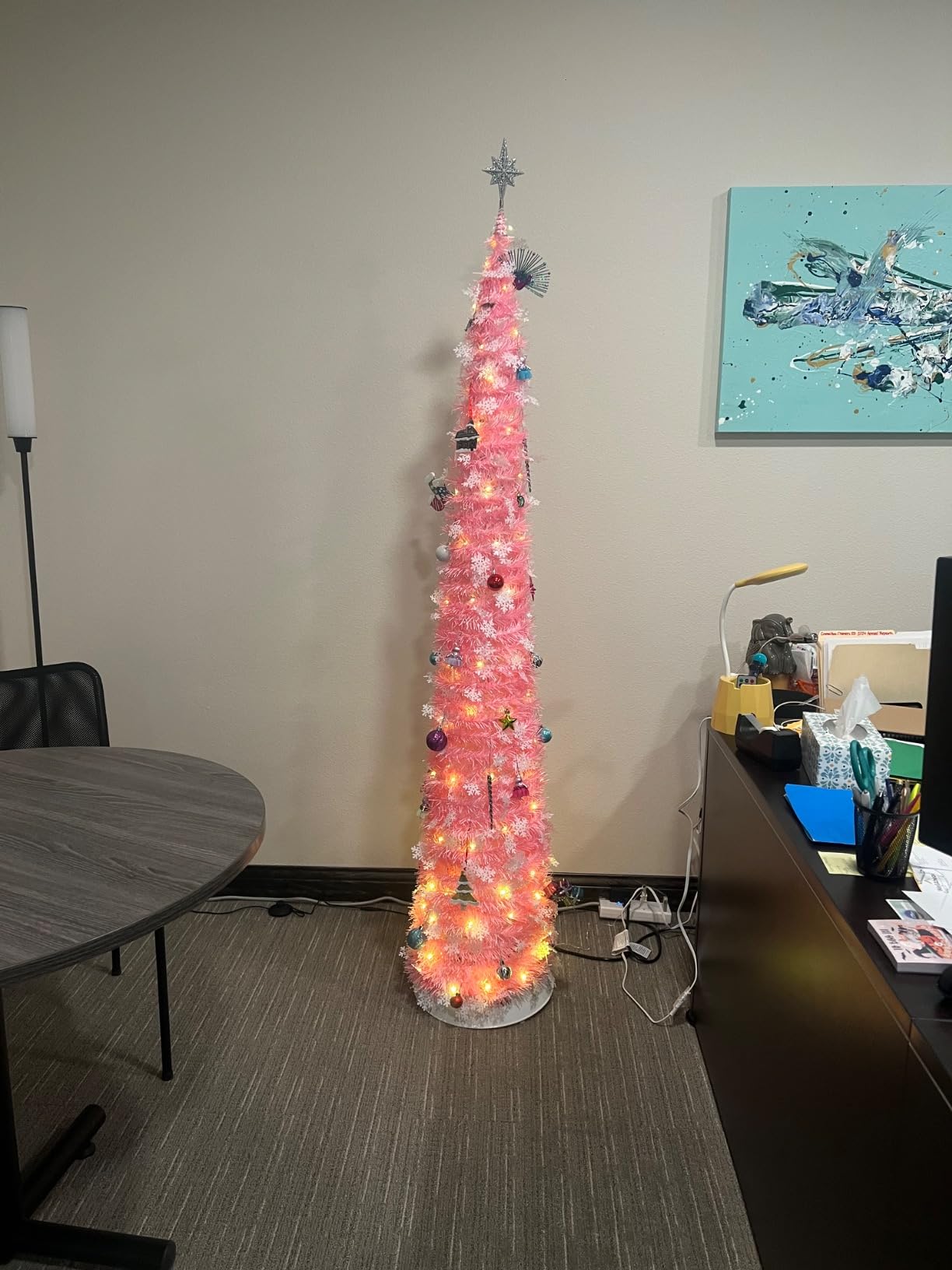 5 FT Pop Up Christmas Tree with Timer Lights and Decorations, Green Tinsel Artificial Christmas Tree with 24 Balls Ornaments, Collapsible Pencil Tree for Xmas Home Office Party Decor customer photo 1