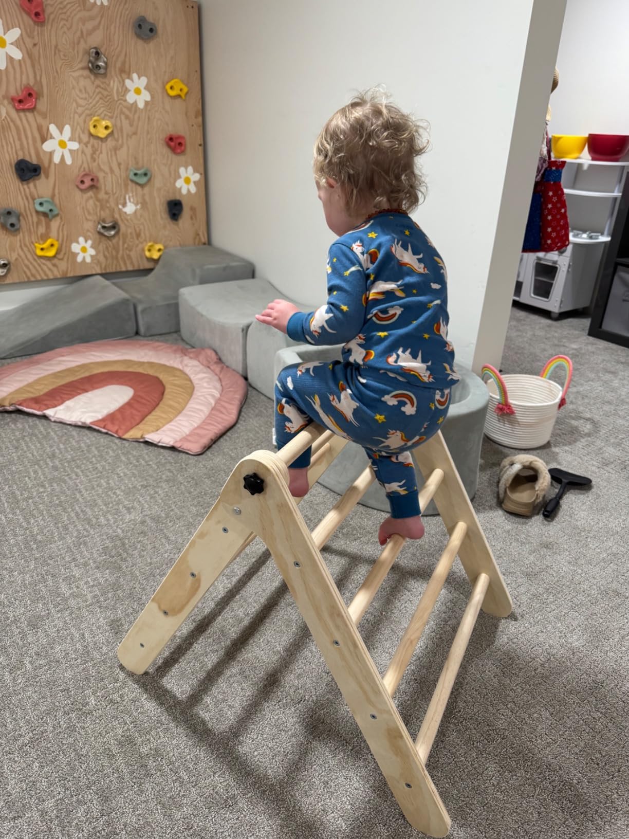 Pikler Triangle Set with Cushion, 7 in 1 Toddler Climbing Toys Indoor, Montessori Foldable Climbing Set, Wooden Climbing Toys for Toddlers Inside with Ramp, Arch and Ladder (Nature Wood) customer photo 1