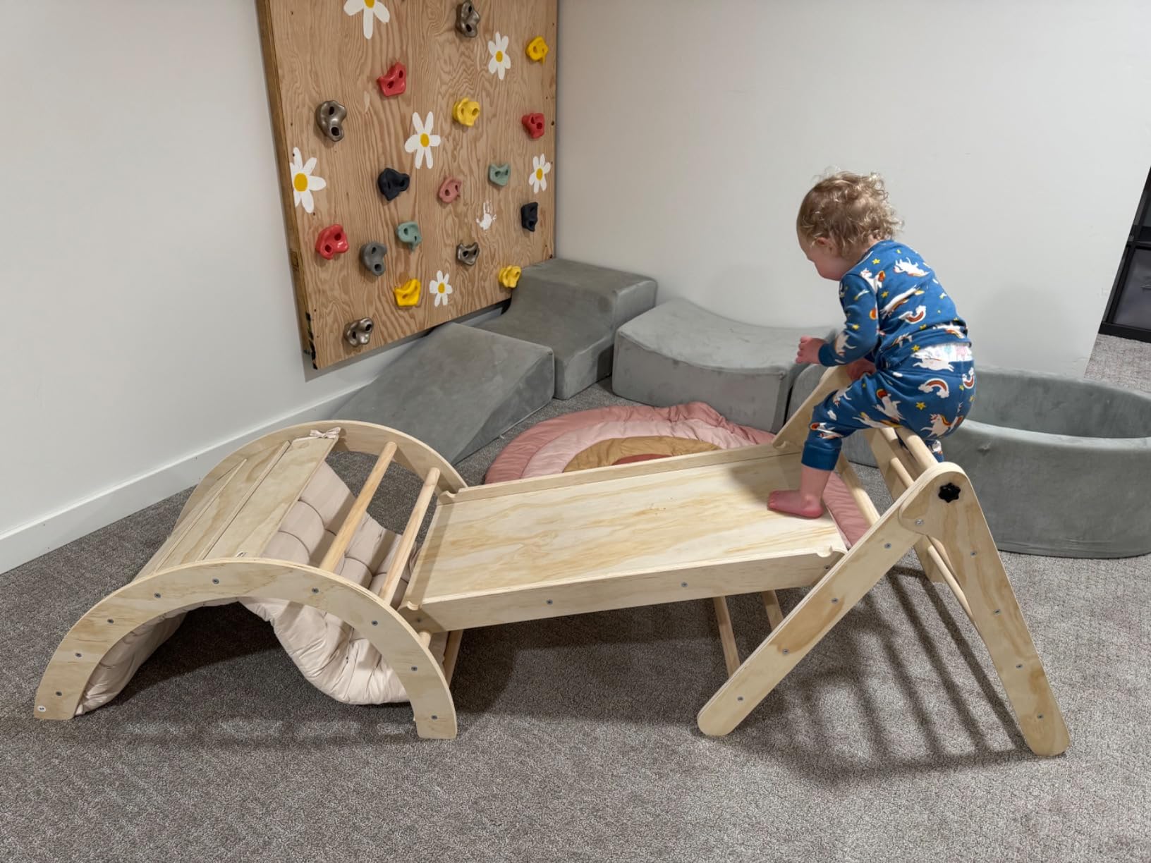 Pikler Triangle Set with Cushion, 7 in 1 Toddler Climbing Toys Indoor, Montessori Foldable Climbing Set, Wooden Climbing Toys for Toddlers Inside with Ramp, Arch and Ladder (Nature Wood) customer photo 2