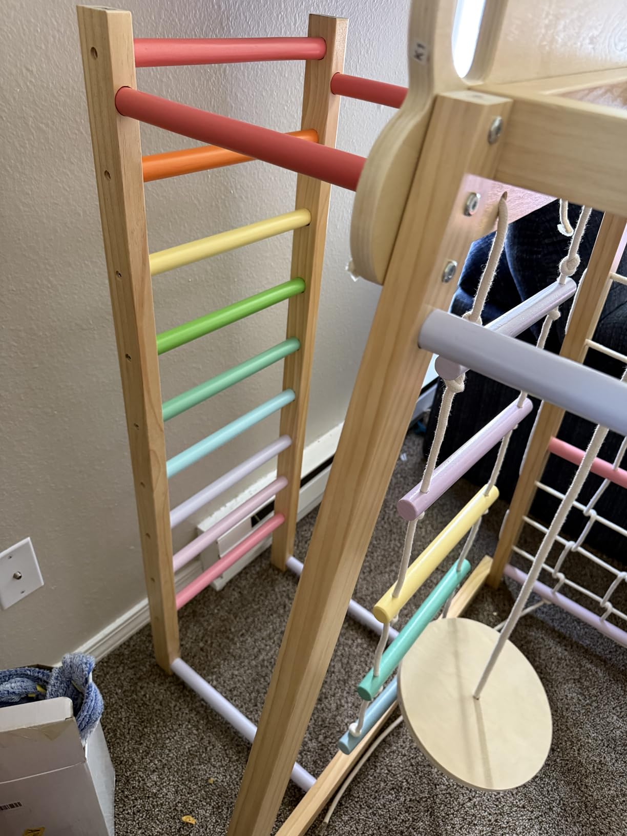 Upgraded Indoor Jungle Gym 9-in-1 Playground Kids Climbing Toys | Waldorf Style Wooden Climber Playset with Slide, Swing, Monkey Bars, Upright/Rope Ladder, Climb Net, Rainbow customer photo 2
