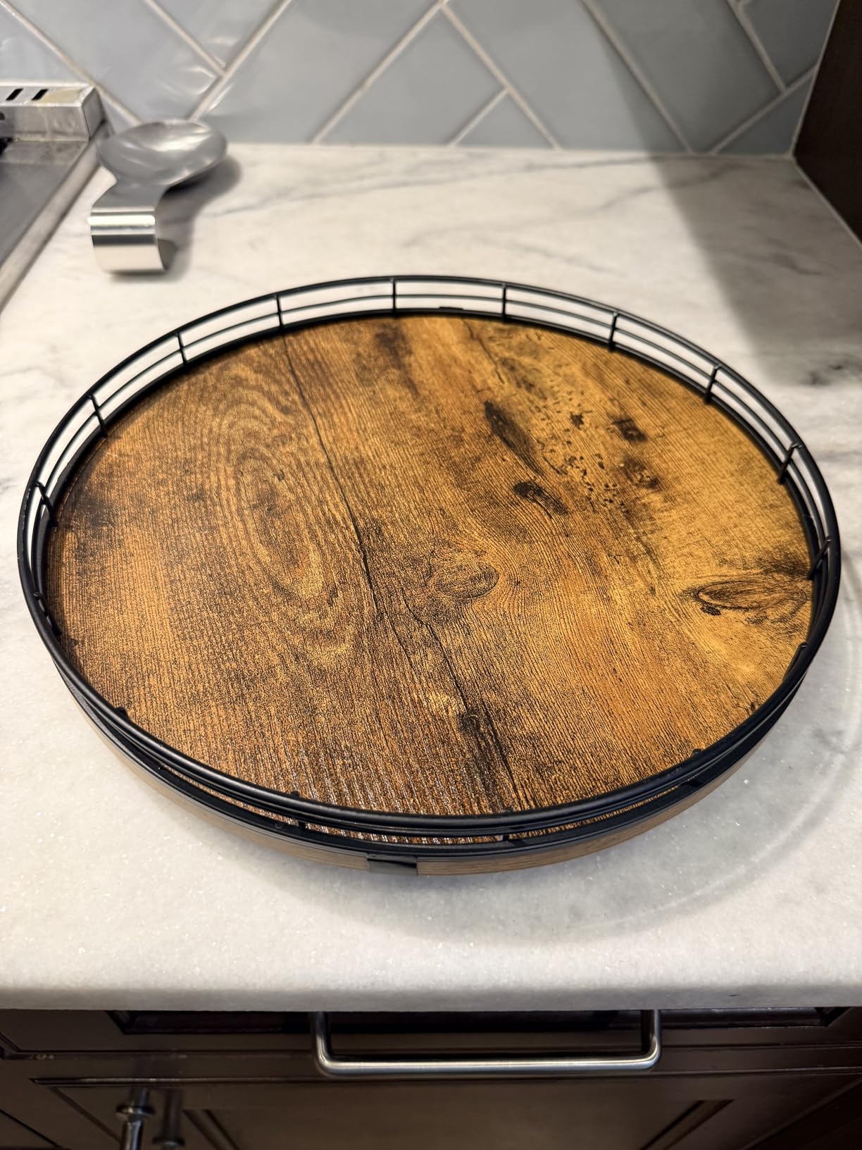 Lazy Susan Turntable Organizer for Table Top, 18'' Round Wooden Lazy Susan for Cabinet Kitchen Countertop Pantry Dining Coffee Table for Condiments Spices, Rustic Bathroom Vanity Tray for Soap Candle customer photo 2