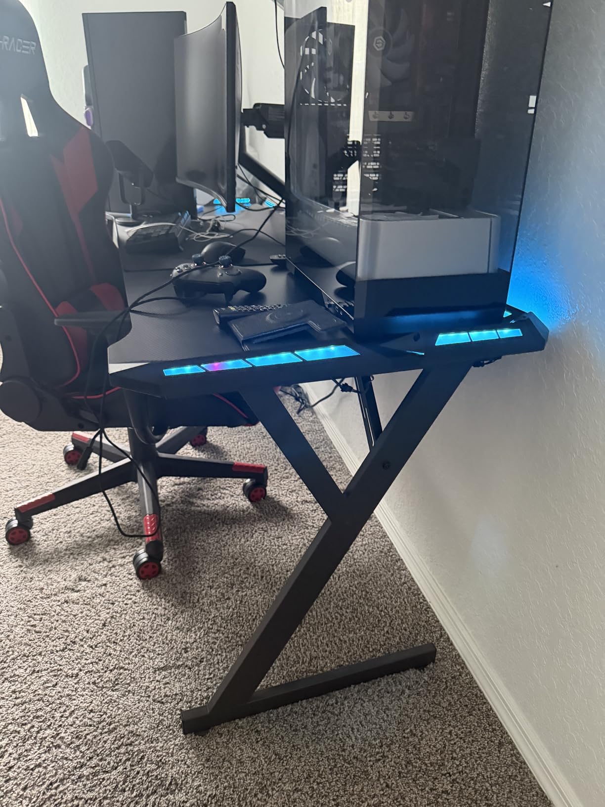 HLDIRECT 40 Inch Gaming Desk with Carbon Fiber Surface & LED Lights, Black | Adjustable RGB LED lighting, 220 lb capacity, cup holder, headphone hook & cable management, for bedroom gaming & studying customer photo 2