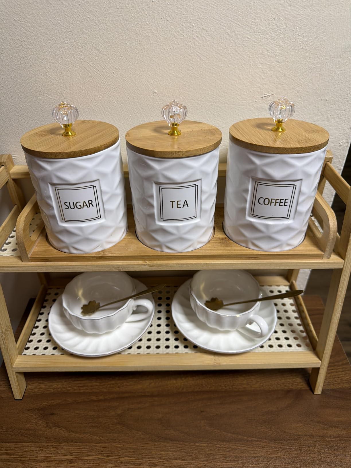 JUXYES Set of 3 Ceramic Coffee Sugar Tea Canister Set with Lid and Tray | Bamboo Airtight Lid and Handle Tray, Luxurious White Decorative Storage Jar Container for Kitchen Counter, Dining Room, Bar customer photo 1