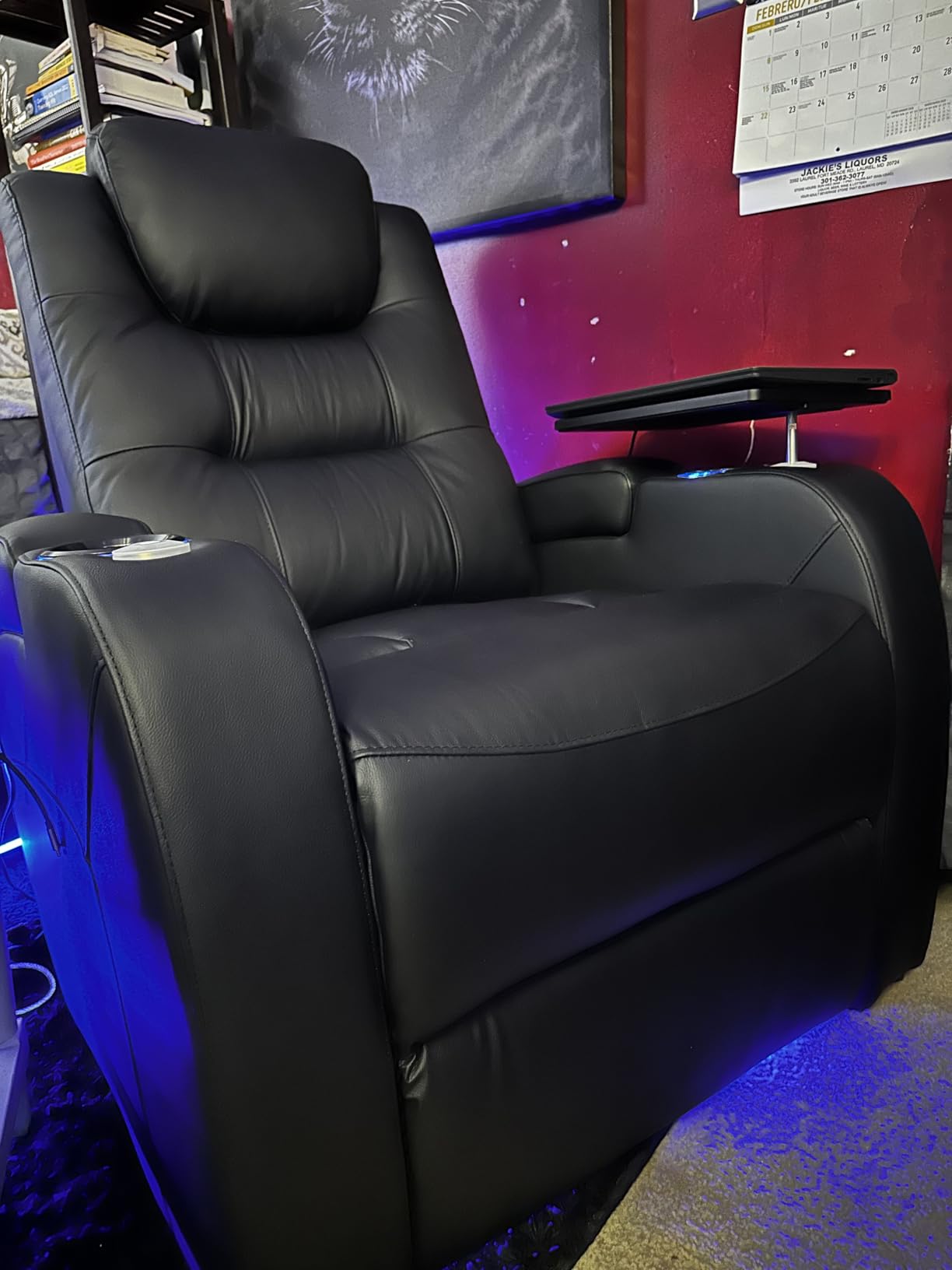 comfiroom Home Theater Seating Simple Style Top Grain Nappa Leather Recliners Chair Dual Power Movie Gaming Sofa Chair Electric Headrest with Tray Table Type-C USB Charger (Black, Row of 1) customer photo 2