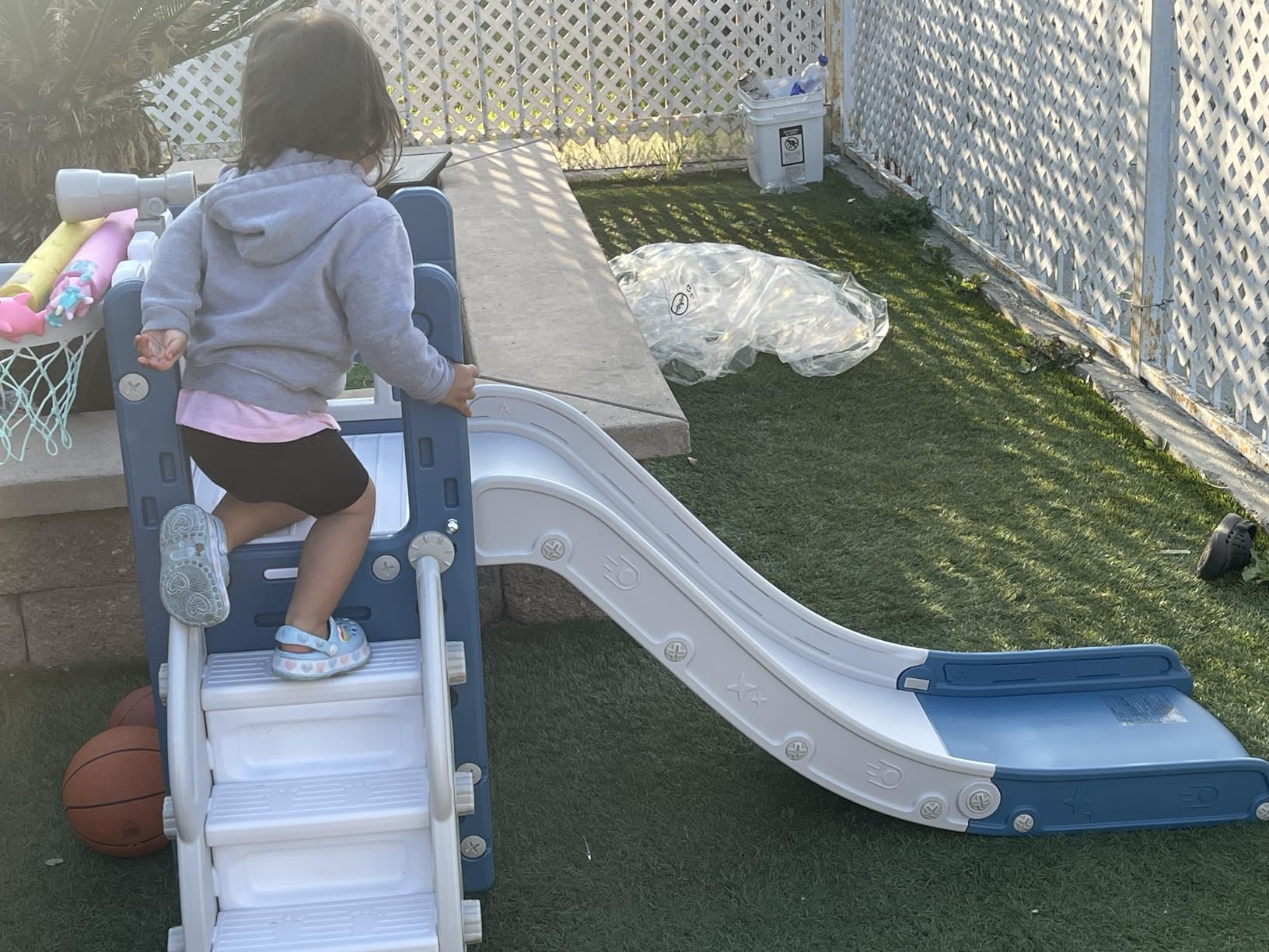 6 in 1 Toddler Slide, Kids Climber Slider for Indoor Outdoor Playground with Basketball Hoop, Storage and Telescope, L Shaped Slide for Toddler Climber Playset customer photo 2