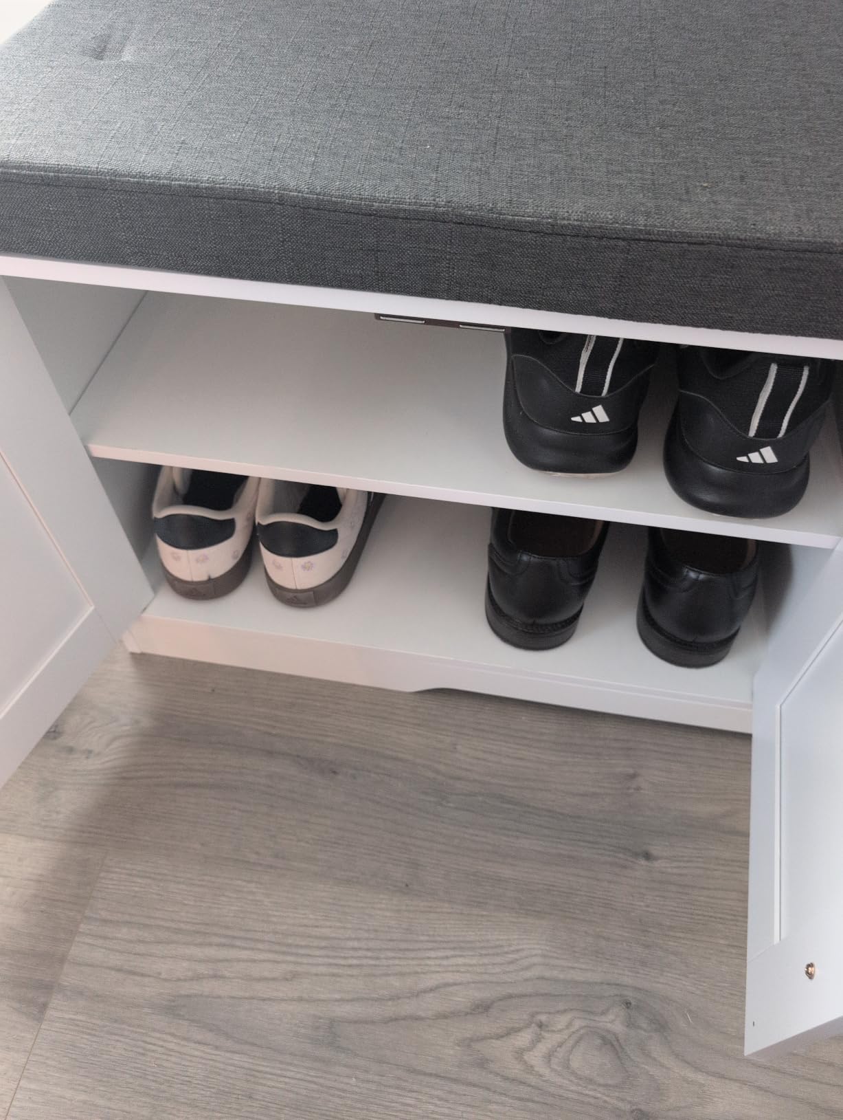 Homleke Shoe Storage Bench, 4 Doors & Thickened Padded Seat Cushion | 2-Tier Shoe Bench, Entryway Bench, Adjustable Shelf, 13.8