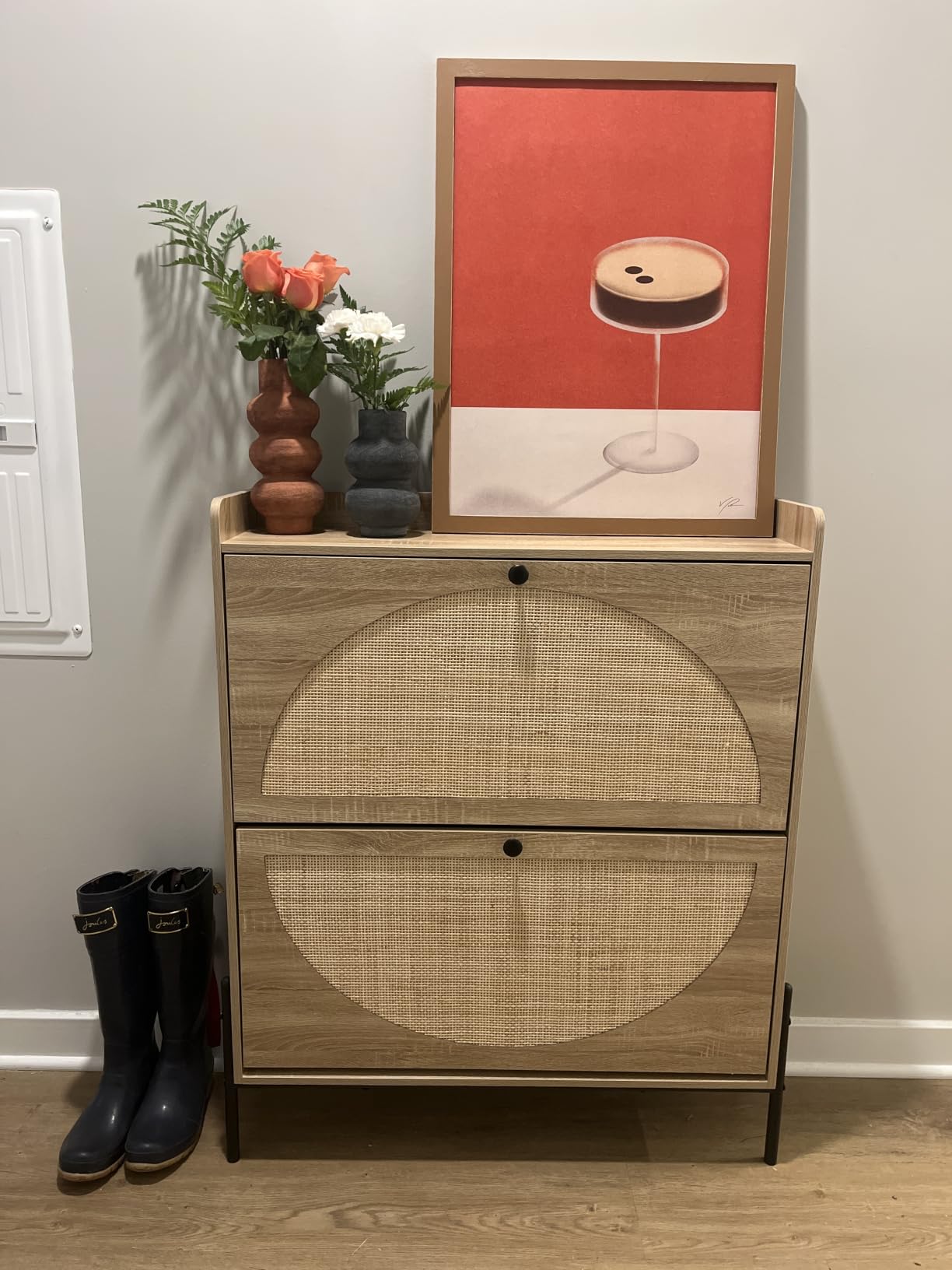 IRONCK Rattan Shoe Cabinet Storage with 2 Flip Drawers, Oak | Free Standing Wooden Shoe Storage Organizer Cabinet with Rattan Doors for Entryway, Narrow Shoe Rack Cabinet customer photo 1