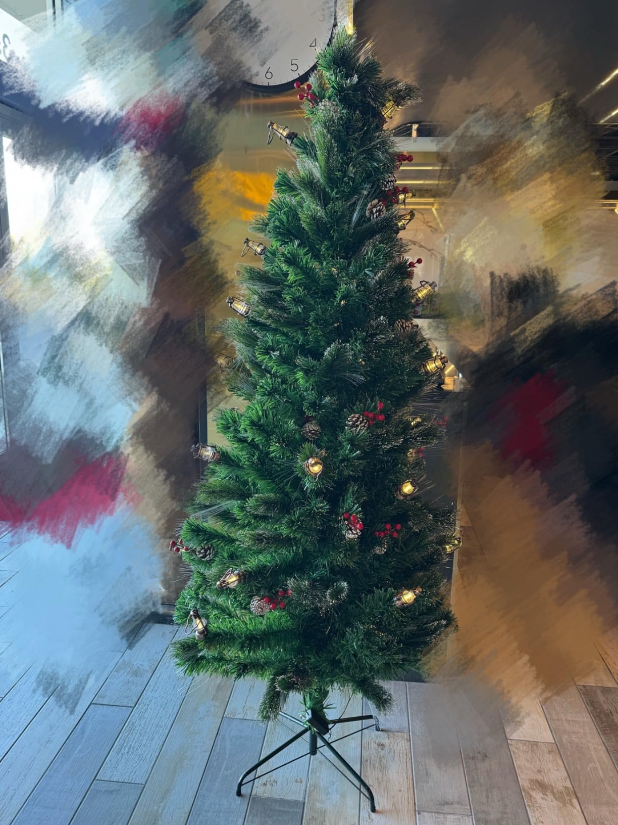 GOFLAME 7FT Prelit Christmas Tree Snow Flocked, Artificial Fiber Optic Xmas Tree with 270 Branch Tips, Pine Needles, 30 Clusters of Red Berries, 30 Pine Cones, 76 LED Lights & 8 Lighting Modes customer photo 2