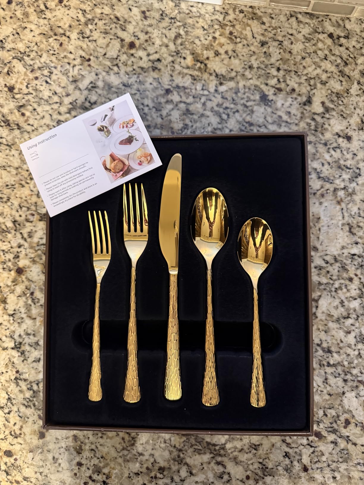 45 Piece Gold Silverware Set with Serving Utensils, 18/10 Stainless Steel | Hammered Ripple Handles, Serving Utensils, Dishwasher Safe, Rust Resistant, for Weddings, Parties & Holiday Dinners customer photo 1