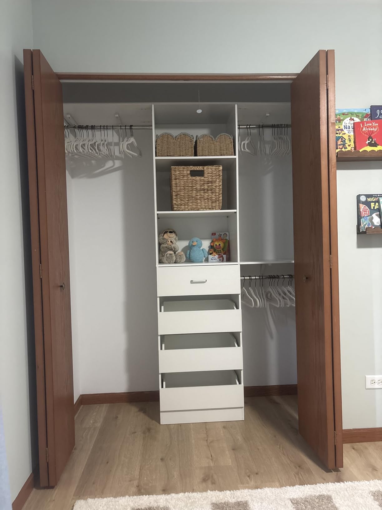 Aheaplus Closet System with 4 Drawers, 8FT Wood Closet Organizer System, 96'' Closets Built In System Tower with Shelves, Walk-in Closets Wardrobe Clothes Garment Rack, Fits Spaces 4-9 ft, White customer photo 1
